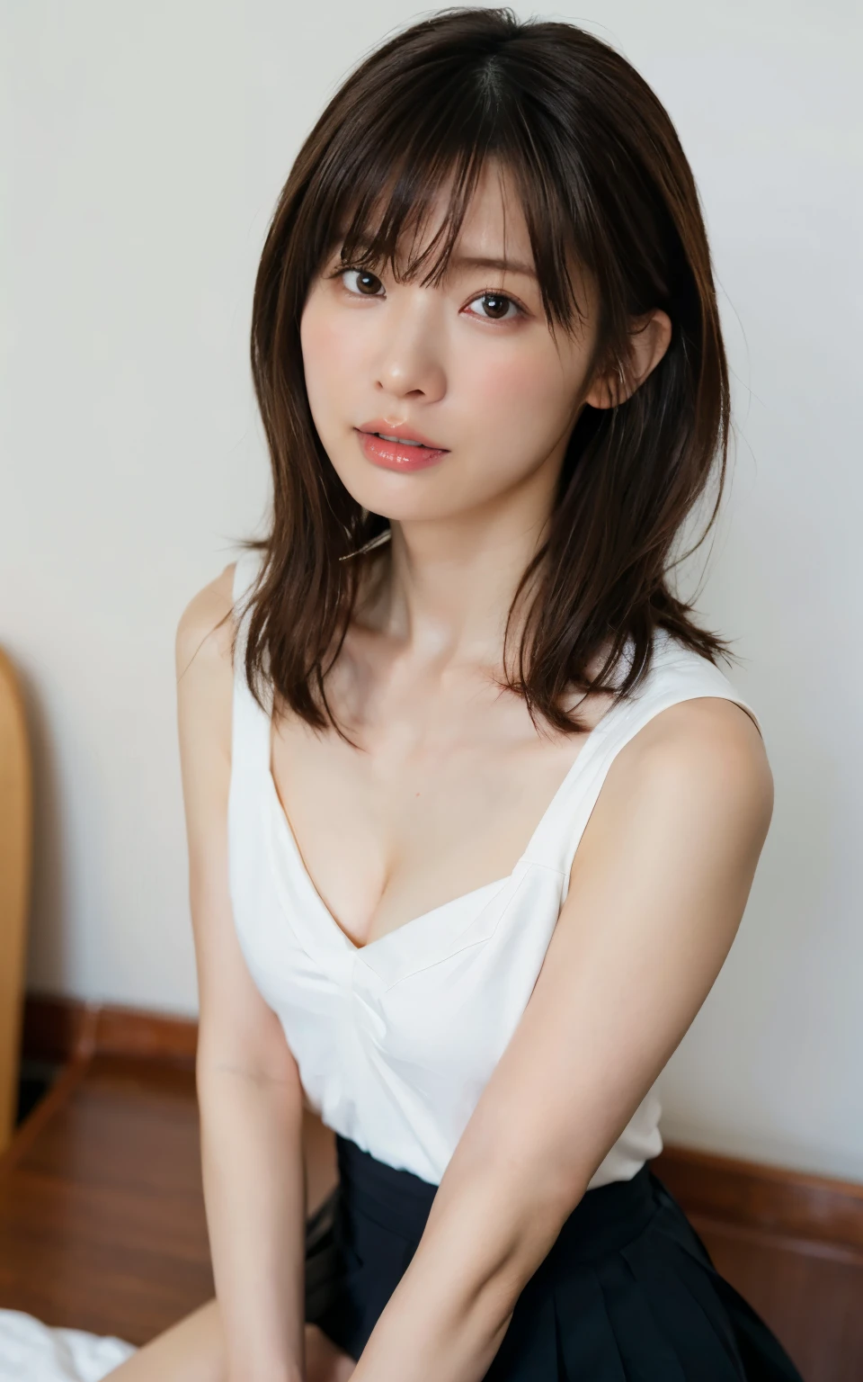 Masterpiece, photogravure, highest quality, clear contours, (One Girl, alone), Japanese woman, 30 years old, lipstick, cute face, detailed face, beautiful eyes, detailed eyes, focus on the eyes, bob hair, Anatomically correct body structure, wearing body-fitting costumes, getting on all fours, lifting butts, shot from the front