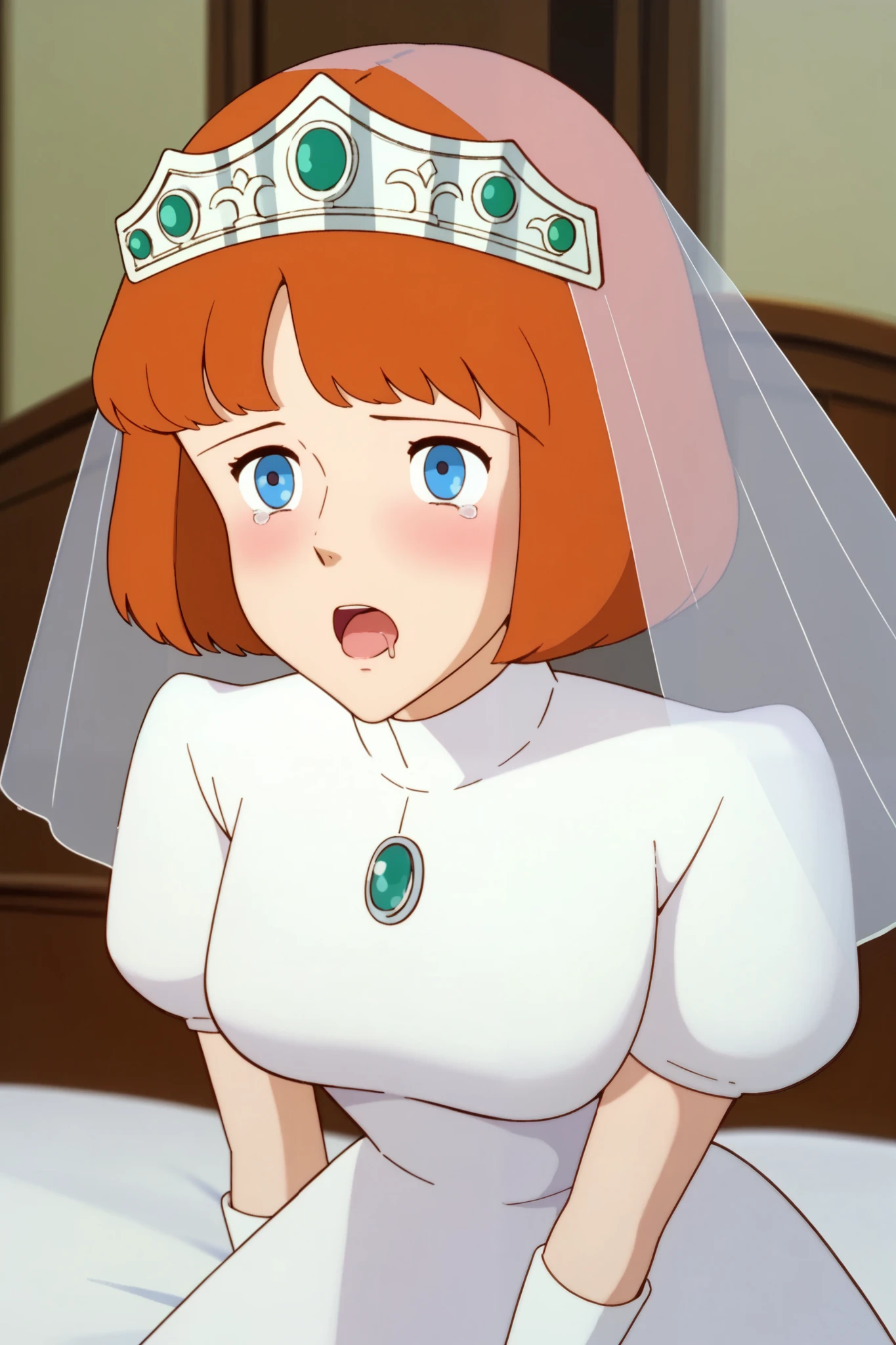 Clarisse,marin_kitagawa,
front,lower body,from above,from side,
1 female,solo,baby face,pretty,
fellatio,deepthroat,irrumatio,
Grab your head with both hands,very huge cock,
large breast,small nipples,small areolas,
orange hair,bob_cut,colored inner hair,
deep blue eyes,beautiful eyes,big eyes,
slant eyes,long eyelashes,open eyes wide,
white wedding dress(1.3),tiara,veil, turtleneck,short_sleeves,
elbow gloves,mini skirt,
white lace up boots,thigh-high boots,
high heels,white panty,
pleasure,blushing,drooling,tearful eyes,
tear drop,sweaty,ecstasy,wet,
open mouth,tongue out,white breath,
incontinence,cameltoe,
motion line for orgasm,
extreme close-up under the chest,
low angle,
beautiful legs,thin thighs,thin calves,
thin waist,
I can see panty,
cowboy shot,dutch angle,
perfect face,beautiful skin,anime,
anatomically correct,
best quality,super detailed,
highest quality,masterpiece,high quality,
blurred background,
indoor,on bed,bedroom