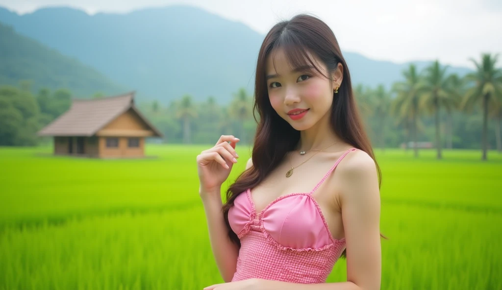 a woman sitting on a swing in a field, very very very beautiful scenery, instagram model, by Ma Quan, thigh gap, huge smile, paddy fields and river flowing, very pale white skin, having a great time, in good physical shape, 165 cm tall, in one frame, pink door, streaming on twitch, aum
