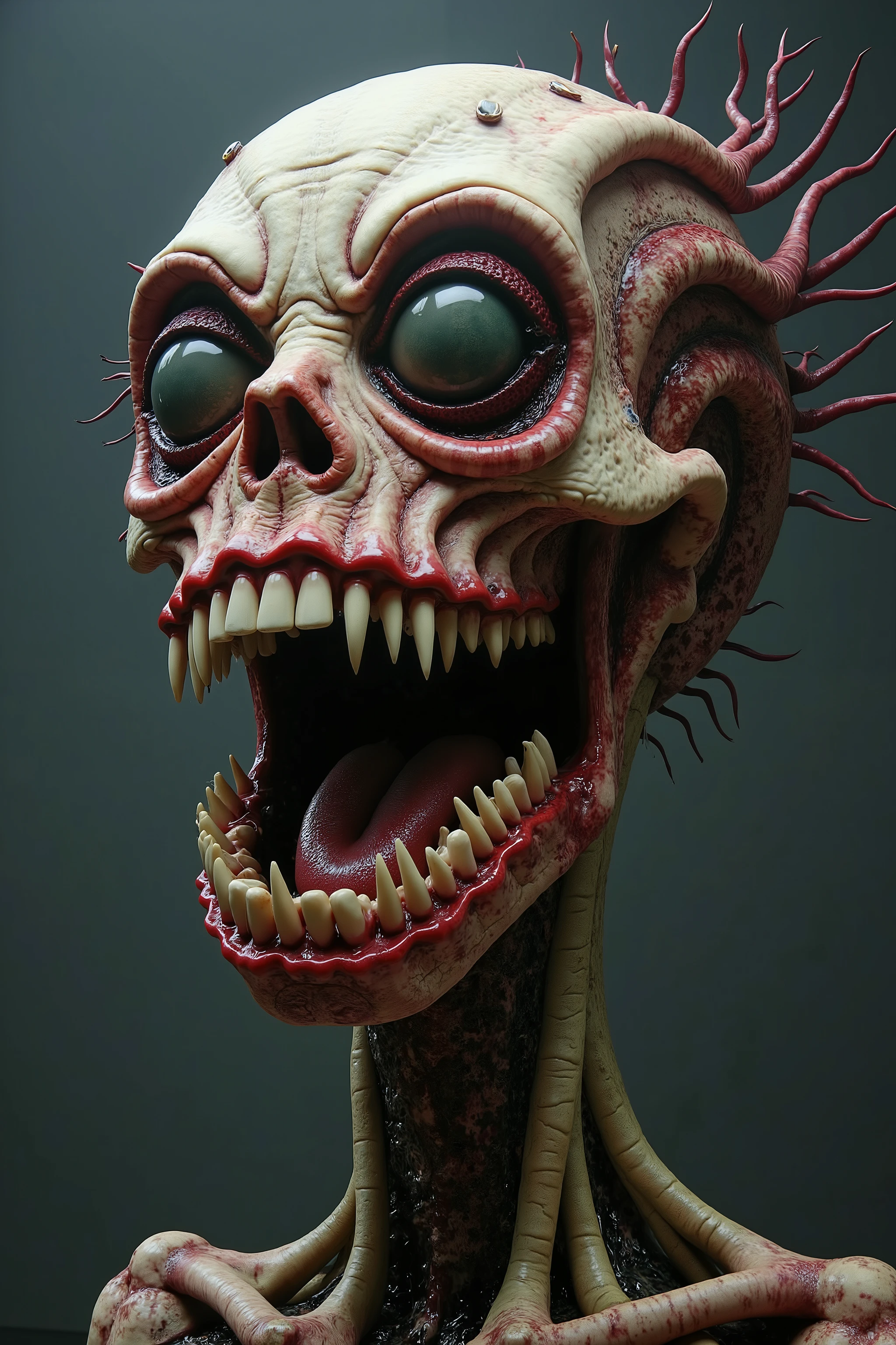 (best quality,4k,8k,highres,masterpiece:1.2),ultra-detailed,(realistic,photorealistic,photo-realistic:1.37),complicated surreal scene,organic growth,twisted dark fantasy,disturbing visuals,abstract biomechanical structures,intricate details,muted color palette,dramatic lighting,visceral textures,unsettling atmosphere,eldritch horror,nightmarish imagery,otherworldly landscape,mutation and transformation,organic machinery,unnatural forms,surrealistically grotesque,beautifully horrific,distorted reality,dark and twisted,grotesque beauty