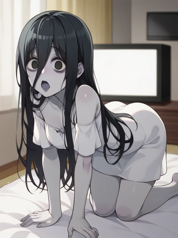 hyuuga hinata, face looking at viewer, naked, doggy style, medium glutes, pussy dripping, dildo in pussy, orgasm face, on the bed, bedroom, back