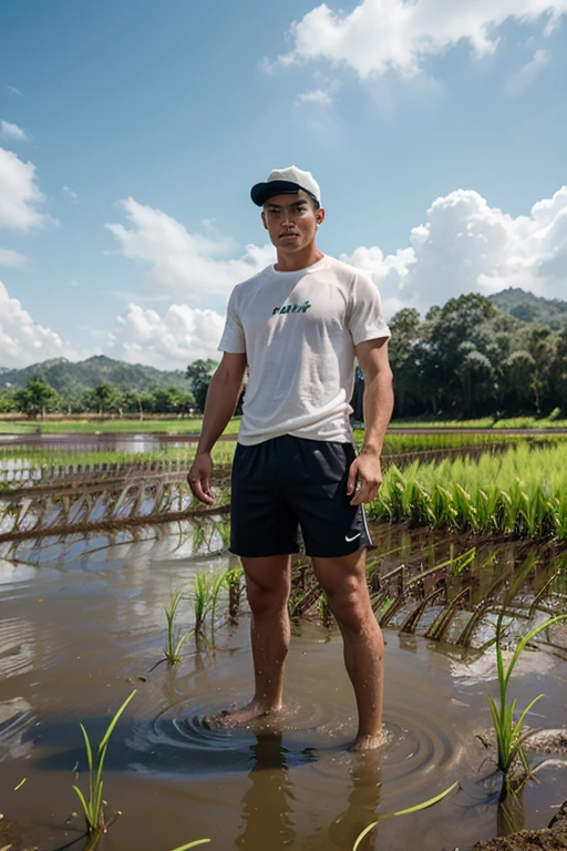 A boy with age 30 normal height and fit Thanking god pose in the paddy field behind the railway track