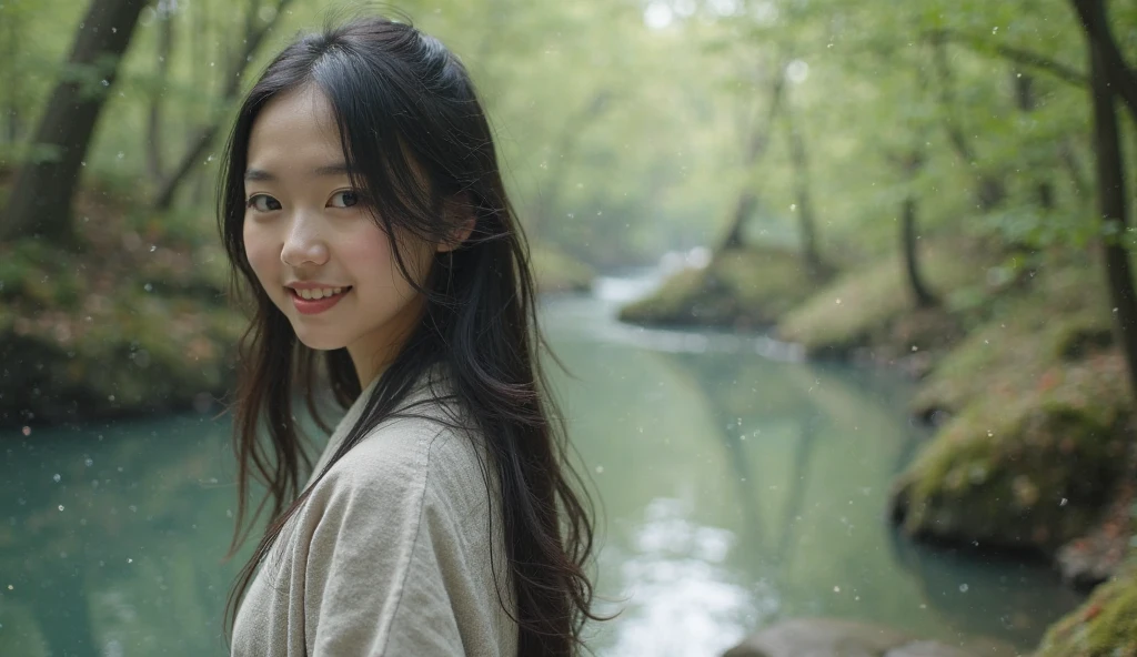 Beautiful Asian woman smiling calmly in nature: Mountains and rivers、Please draw a woman smiling with a relaxed expression in a natural setting such as a forest.。