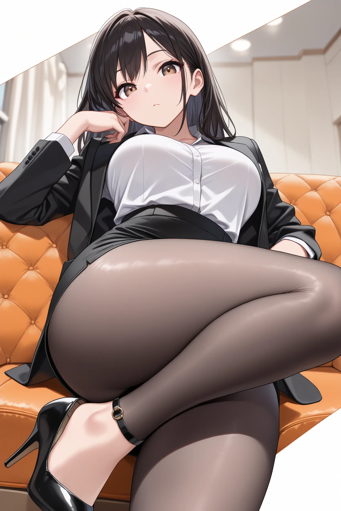 masterpiece, best quality, highres, 1girl, chabashira sae, high ponytail, suit, jacket, cleavage (photorealistic:1.2),((boy shot,lift one's legs,toes,both feet)),evil smile, ((양말)),