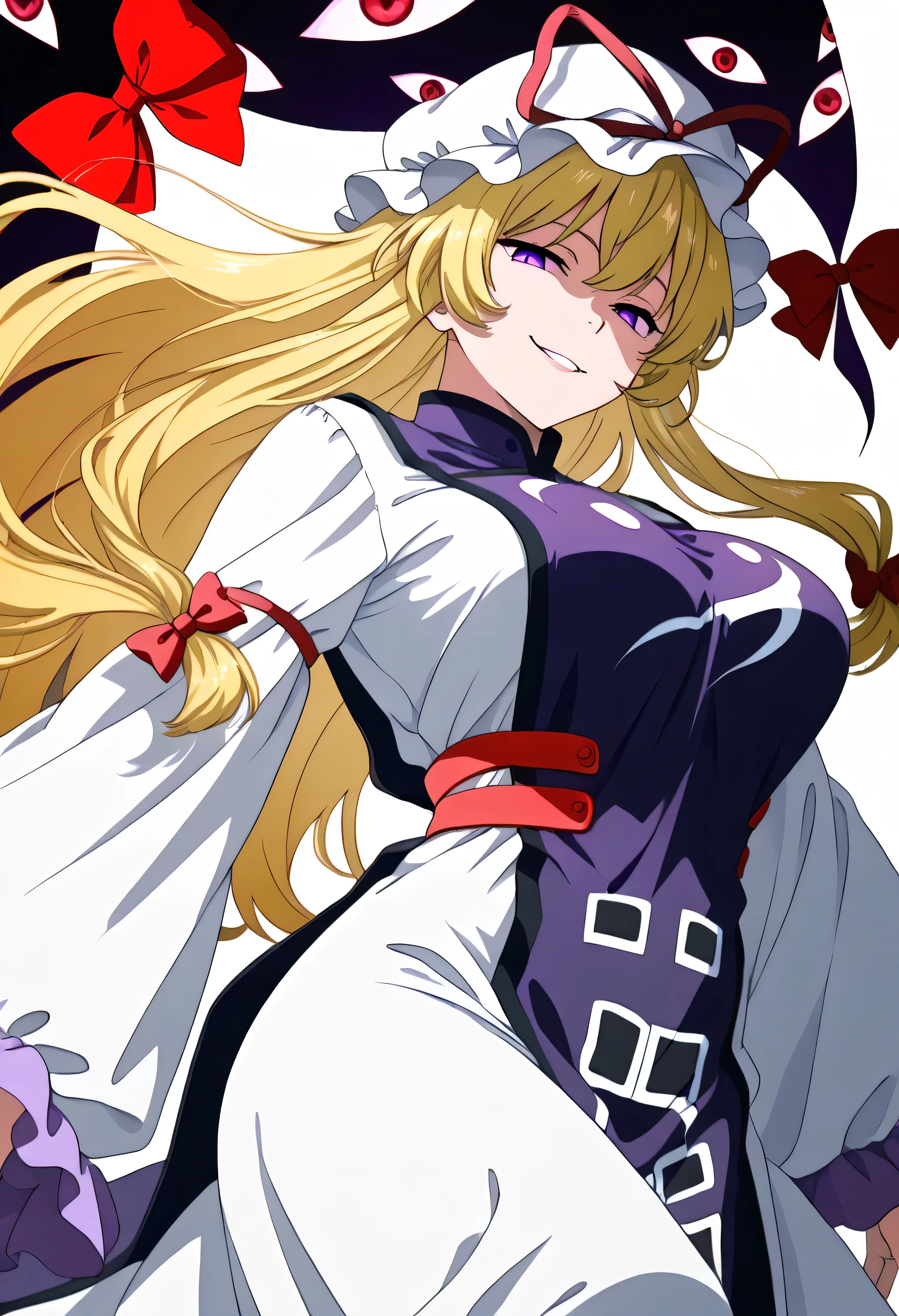 best quality, masterpiece, high resolution, Alone,mature woman、 {yakumo_Connection_ Orient:1.15}, BLONDE_hair, ribbon, hin, length_hair, pain_ cap, hin_ribbon, red_ribbon, evil smile, white_hat, 前hair, bow, chest, purple_eye, hair_between_eye, hair_bow, Tabard, big_chest, very_length_hair, 1 girl, dress, on fe_in_viewer, simple_background, white_background, white_ dress, length_sleeve, red_bow, SIDELOCK, , gap in vie_\( Orient\), ふくらんinいる_sleeve、Anime Coloring、ANIME COLORING BOOK、 combat posture、 fight scene、 look back、Dynamic pose、viewed diagonally from below、 Look Down、reach forward、Overall view