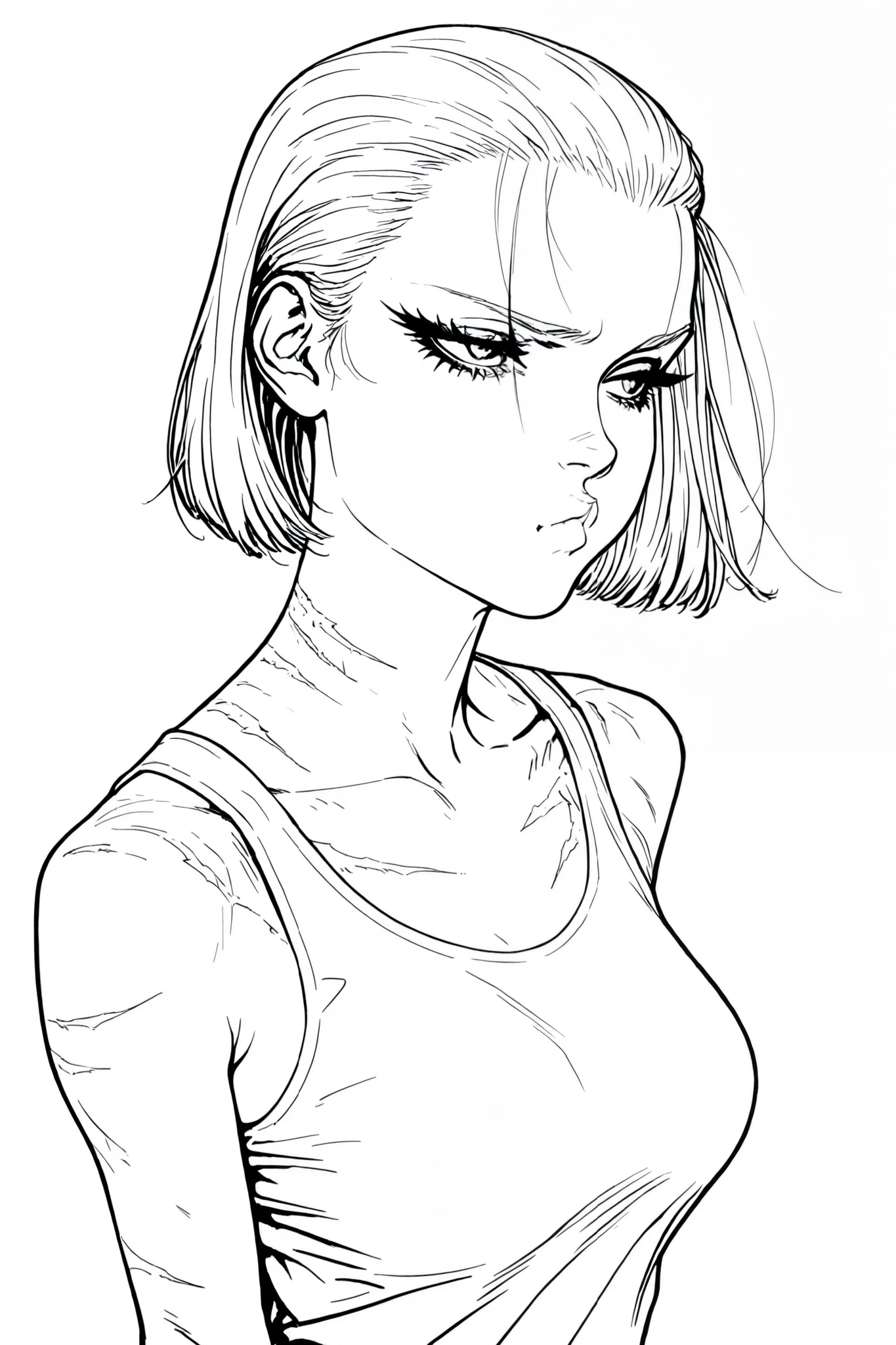 monochrome, greyscale, Line art, lineart, Timbrook, HDR, 8K, high contrast, masterpiece, best quality, amazing quality, very aesthetic, anime artstyle, realistic, newest,
BREAK
monochrome, greyscale, Line art, lineart, Timbrook, high angle shot,
BREAK
1girl, white hair, beauty mark under one eye , pout , large eyelashes, medium breasts , portrait , torso shot , bob cut , tank top, shoulder length hair , slicked back from the right side , hair over left eye . scars on face, scars on body