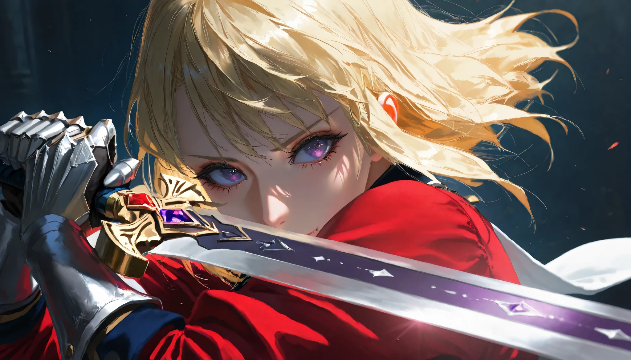 masterpiece, best quality, very aesthetic, absurdres, masterpiece, exquisite quality, highest quality, masterpiece, highest quality, Beautiful woman, whole body, full body shot, Detailed hairstyle, vMature Woman, indoor,(8k,RAW Photos),(Best Quality),(Masterpiece Loose),(Realistic,)(Realistic),(High resolution),Hyper Detail,(Gentle Realism:1.1),Beautiful Face ,High resolution), (8k), (Very detailed), (4K), (Pixiv), Perfect Face, Beautiful eyes and face, (highest quality), (Very detailed), Detailed face and eyes, (alone), Textured skin, absurdes, High resolution, best quality, highres, absurdres, depth of field,(artist:quasarcake:0.8),extreme aesthetic,(wlop:0.6),wanke,relle,wanke,masterpiece,best quality,good quality,newest,year 2024,year 2023,very aesthetic,absurdres,A shot with tension,ultra-high resolution,32K UHD,sharp focus,best quality,masterpiece, Cha Hae In from Solo Levelling, blonde hair, purple eyes, exact same outfit as the anime, red outfit, holding her signature sword, sword in front of her face, the blade is covering her nose and mouth, facing viewer, looking at viewer, calm face, in action, dark background, zoomed out shot