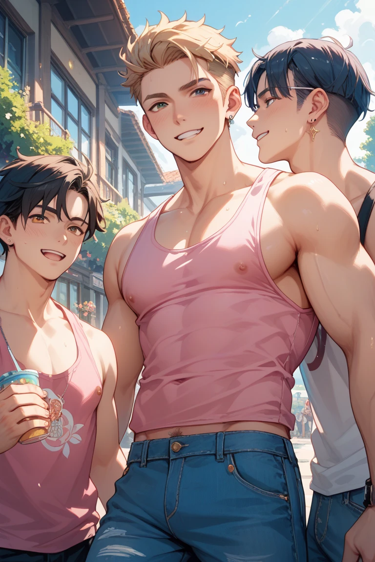 6 or more boys, Multiple men, ((All the men in this place are in love with you, And passionately watching you, the viewer)) Big body,  Looking at the viewer, Resort Pool, Mid summer, Blue sky and white clouds, swim brief, G-string , (outline of lid, swelling of underwear), lower body swimwear only, gay, male-centered, Male-only, muscular male, Thick eyebrows, Small eyes, 30 years old men, lustful gaze , drooing eyes、Hot, Blushing, full of sweat, wild vibes, Real muscle, wild guys. Daytime, (((hyper muscles!! )))), skin tanned, Short hair, male-centered, harems, a beard, Thick eyebrows, sideburns, beef cakes, manly face, Big body, latissimus dorsi, glutes, giant pectoralis major , quadriceps, bumpy abs, stuffy space, steam, soaking wet, Awkward smile, Sleepy eyes, exultation, exclamation, Enthusiastic, Festive, Hot, self-appeal to viewer, (4K), (8K ), ((Real)), (masutepiece, Super Quality, High Definition, 8K, Complexity: 1.2, Cinematic lighting, Photoreal), (Real, Photoreal: 1.3), masutepiece, Highly detailed, Huge file size, super detailed, High resolution, Absurd, Soft light,