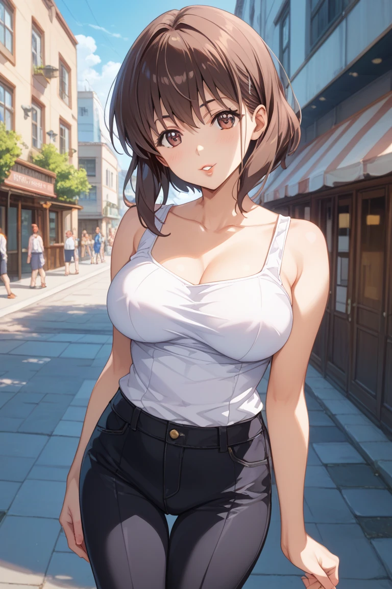（White dress white、No sleeve、Armpit）、Big Breasts、独奏、Toned body、Bare thighs、(short hair、Brown Hair、Barrette、hair ornaments)、(Brown eyes:1.5)、(yuihirasawa、yui hirasawa、Yui Hirasawa)、(Panty shot、White panties、Panties transparent with sweat、Mansuji)、Big Breasts、In town、bustling street、独奏