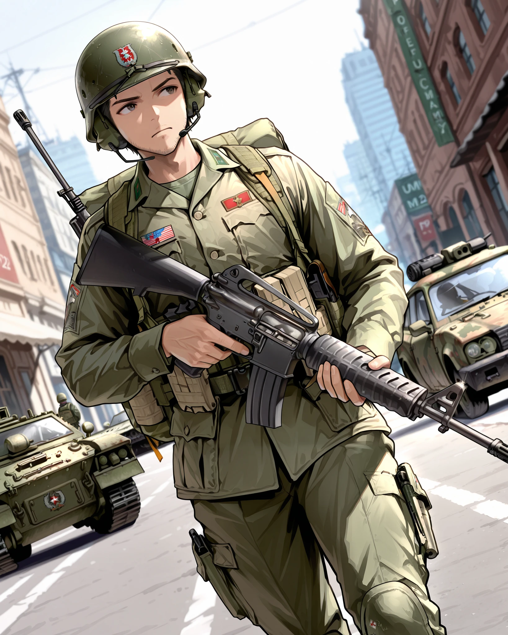 masterpiece, absurdres, highres, newest, solo, solo focus, (1boy, age 30, adult male, male focus, 1.2), green uniform, helmet, tactical gear, headset, (holding m16 rifle, m16a2, perfection, perfect gun, very detailed weapon, 1.2), looking away, backpack, (modern US army tank at the background:1.2), random American city, street, outdoors, depth of field, dutch angle