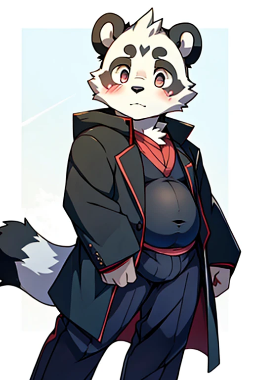 A shota wolf have chubby body with black fur no hair and dark yellow colour eyes, wear a student uniform with Blue fur coat