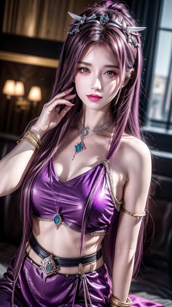 23-year-old beauty, high ponytail, beaded hairband, long red curly hair, big breasts, ((purple gem color underwear)), erotic