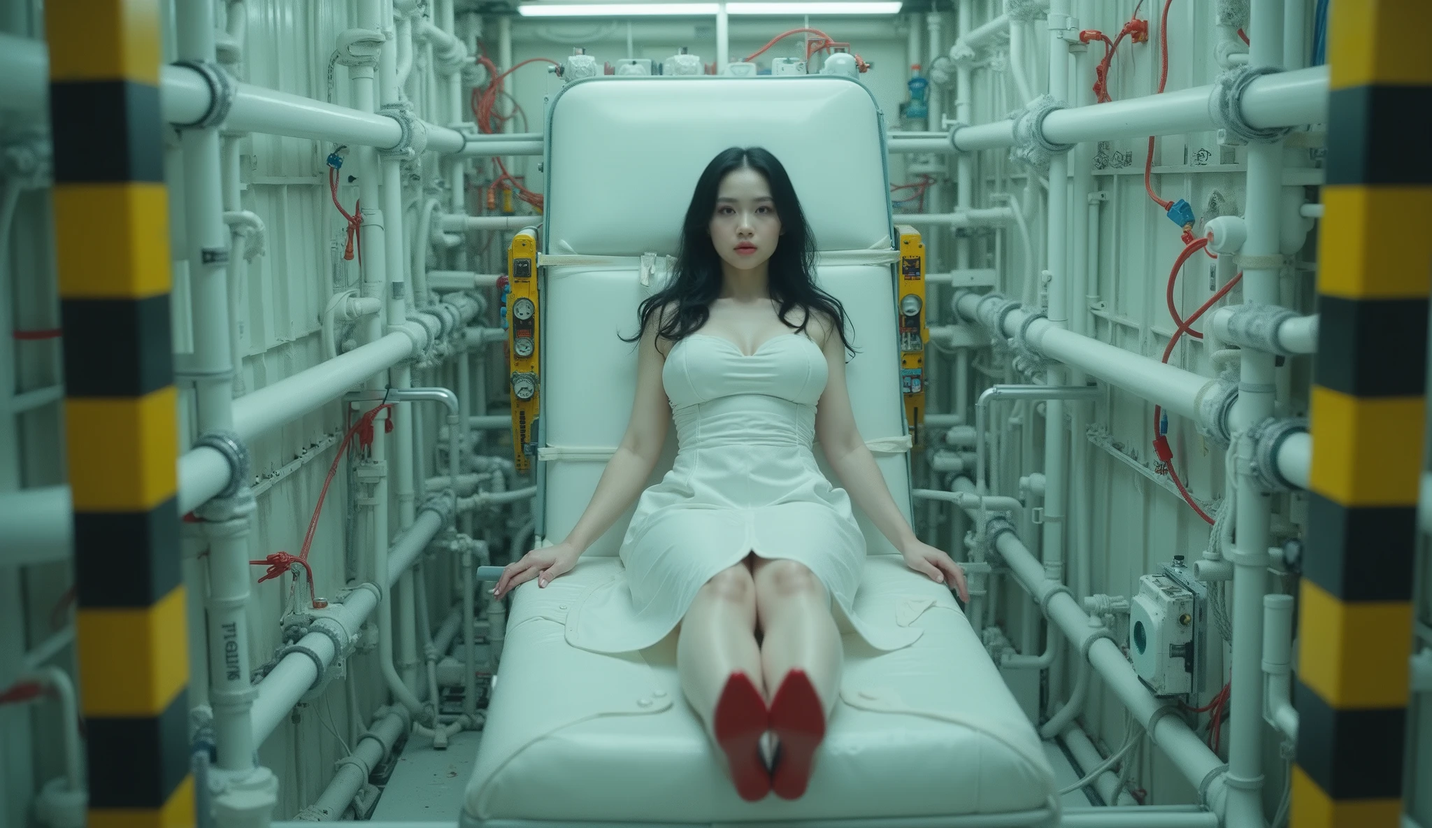 long elevated shot of (1woman), an albino European [Japanese] mixed woman, (((albino))), (white pale skin), [[chubby]], [medium firm breast], (thick thigh), black hair, wearing a white midi dress with a thigh-high slit and ((( red high heels))), exposing her legs, sitting and strapped to brainwashing machine, in background there is an industrial yellow and black stripes, big white pipes, so many red and blue cables cords, very detail, (((high definition))), 4K