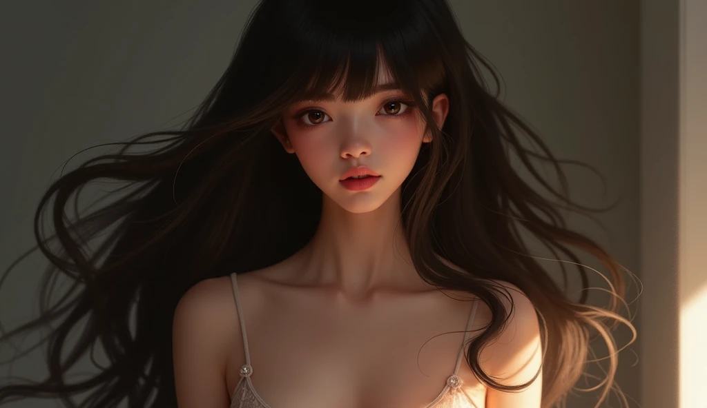 images above the bust, beautiful woman, make-up, amorous and lewd face, eyes closed, sad expression with head bowed, mouth half open, sighing, messy hair, wearing loose size clothing, great proportion, (ultra detailed, absolutely resolution, best quality:1.3), 2.5D, delicate and dynamic, portrait art, foggy effects