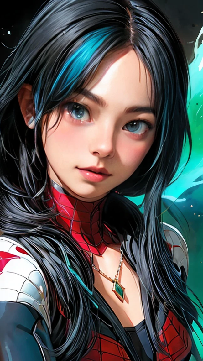 Close-up of a woman with color hair and necklace,  anime girl with cosmic hair, gentle vitality from Rossdraw, Guvez-style artwork, Fantasy art style, color], Vivid fantasy style , Rossdraw cartoon full of vitality, cosmic and color, guweiz, color digital fantasy art,  breathtaking art style , beautiful anime style, white skin, Spider-Man costume ,