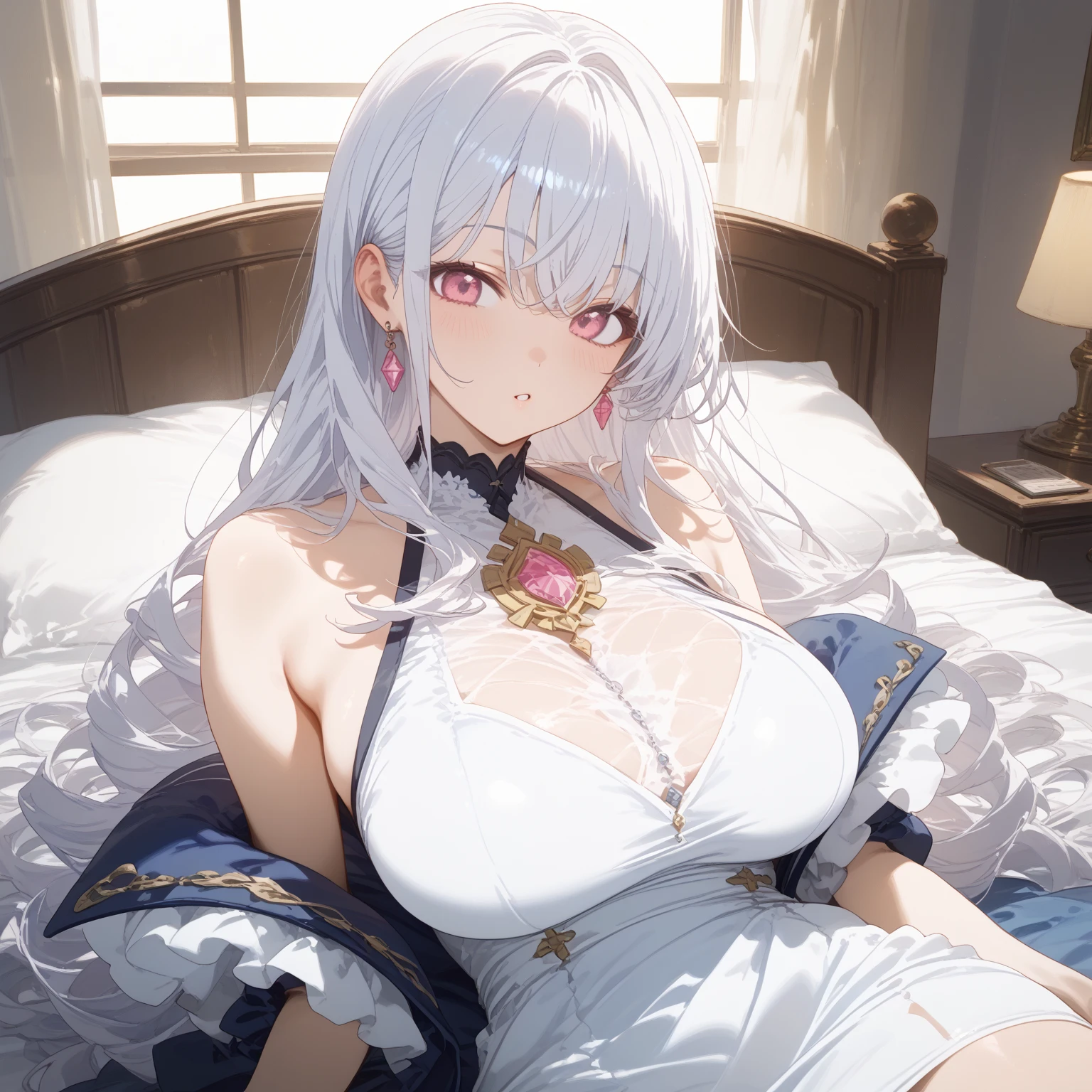 An adult woman half fox and wolf, wide breasts, red eyes, white hair, lying on the bed, in underwear, very sexy