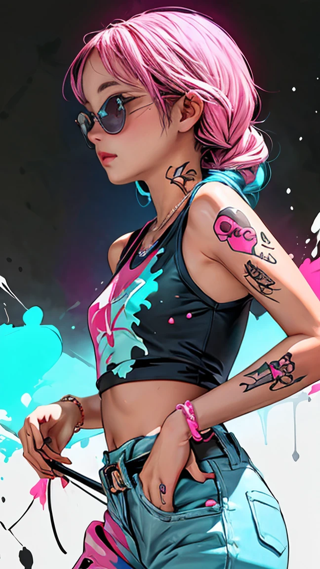A woman with long, colorful braided hair featuring shades of pink and blue stands in an assertive pose. creating splashes, She is wearing a cropped, sleeveless top with artistic paint splatters and graffiti-style designs. Her pants are baggy and similarly adorned with vibrant, abstract patterns. She accessorizes with multiple necklaces, bracelets, and a belt that adds to the eclectic look. Her skin is covered in tattoos, enhancing the bold visual style. The lighting is even and neutral, highlighting the lively, urban atmosphere of the ensemble. The photograph is taken from a low angle, emphasizing her confident stance.