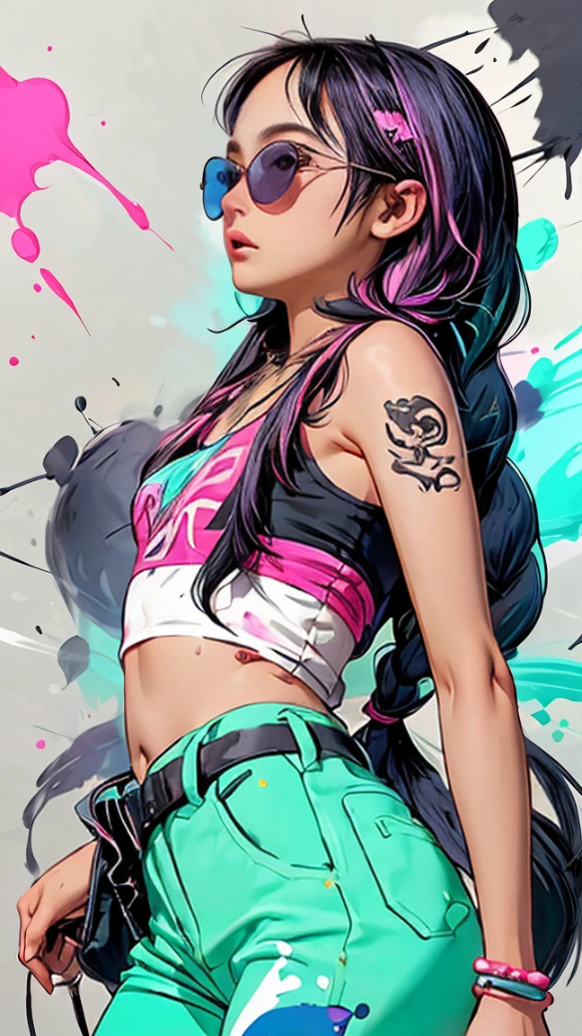 A woman with long, colorful braided hair featuring shades of pink and blue stands in an assertive pose. creating splashes, She is wearing a cropped, sleeveless top with artistic paint splatters and graffiti-style designs. Her pants are baggy and similarly adorned with vibrant, abstract patterns. She accessorizes with multiple necklaces, bracelets, and a belt that adds to the eclectic look. Her skin is covered in tattoos, enhancing the bold visual style. The lighting is even and neutral, highlighting the lively, urban atmosphere of the ensemble. The photograph is taken from a low angle, emphasizing her confident stance.