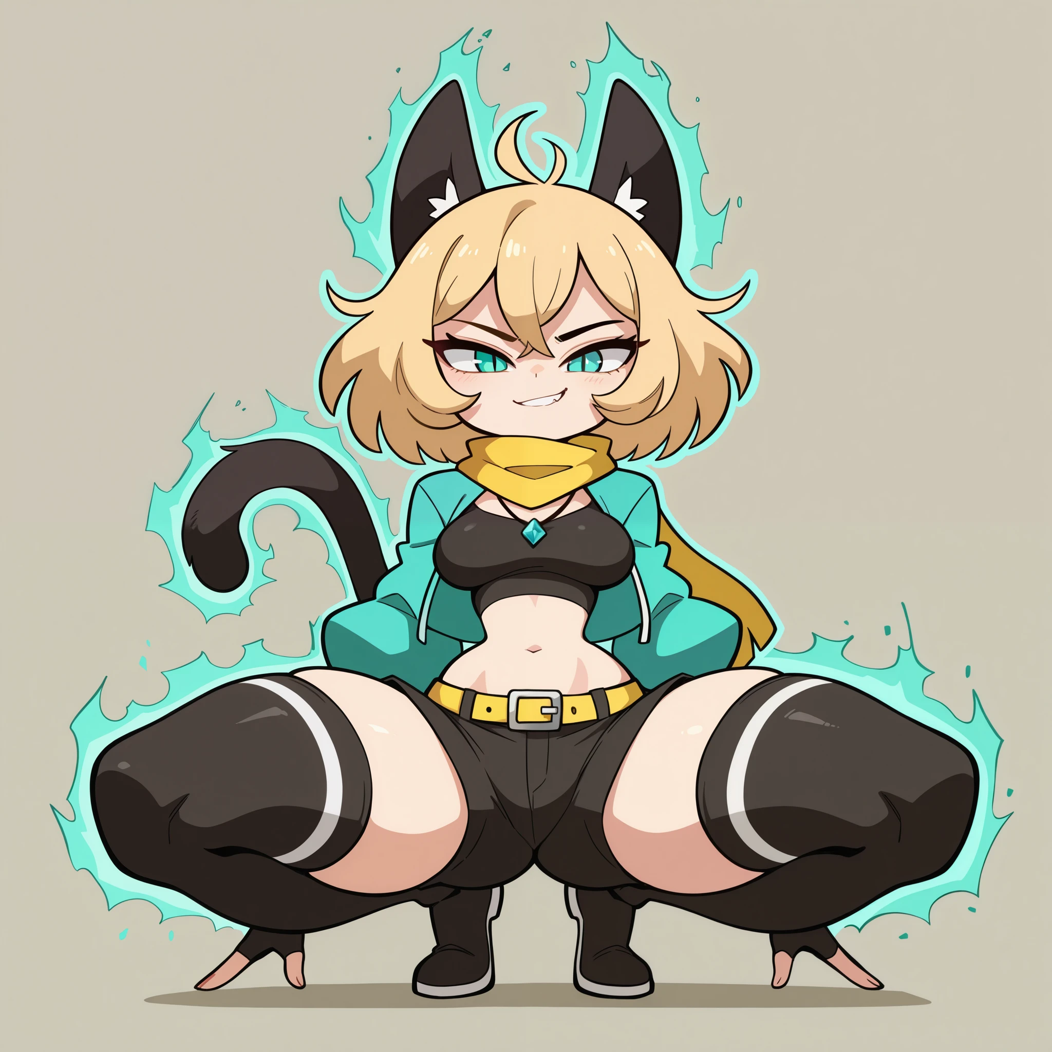 1girl, solo, short messy blonde hair, turquoise eyes, slit pupils, cat ears, cat tail, medium breasts, narrow waist, wide hips, thick thighs, petite body, black crop top, black shorts, belt, turquoise jacket, yellow scarf, necklace, black fingerless gloves, black thigh high boots, smirk, electric aura, electric yellow rays, crouch down, looking at viewer, simple background, from the front view, diives