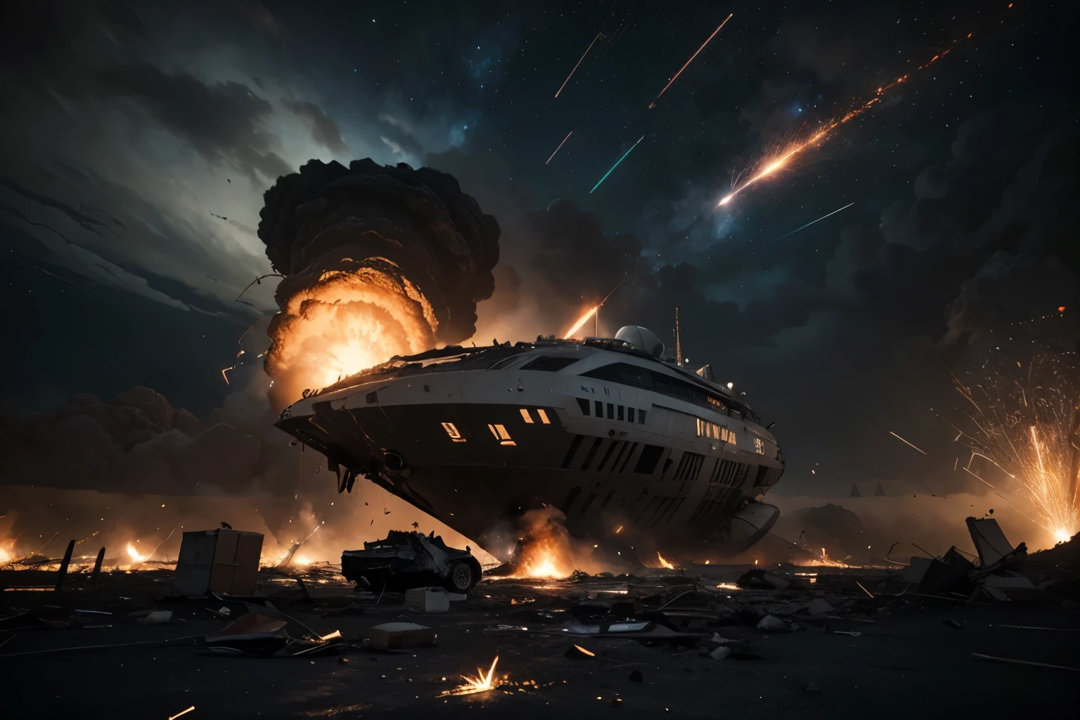 "A massive futuristic spaceship crashes into a barren, alien wasteland, engulfed in apocalyptic chaos. Jagged metallic debris scatters across the desolate terrain, glowing red-hot from the impact. Towering flames and shockwave explosions light up the dark sky, sending sparks and smoke billowing into the void. The ship's shattered hull, with exposed circuits and pulsating energy cores, crackles with electric surges. In the distance, remnants of a once-thriving space colony crumble under the force of the disaster. The scene is a dynamic blend of destruction and raw power, where technology meets catastrophe in an awe-inspiring cinematic moment."

This prompt emphasises action, destruction, and futuristic details while keeping a cinematic, high-stakes feel—exactly what judges look for in competitions like this.
