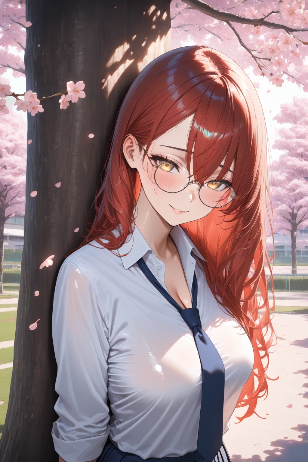 (masterpiece:1.2, Top quality),, Nice illustration, (Natural side Light, Light), 
Looking at the audience, 1 girl,Protruding nipples， wear glasses，Pink hair，White shirt clothes，Hip skirt pants，Large Breasts，Sitting in the park pavilion