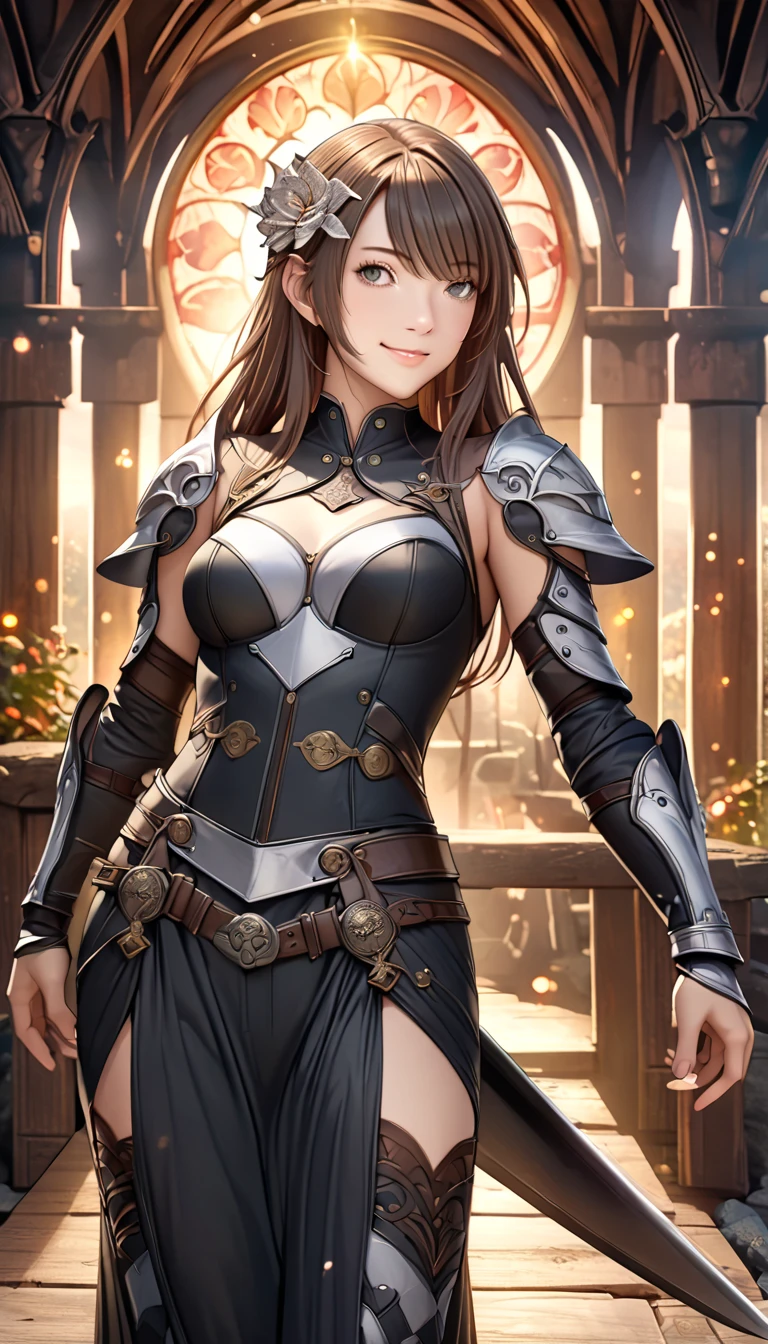 (highest quality:1.3), High resolution, Super detailed, Highly detailed CG Unity 8K wallpaper, realistic, photo-realistic, Raw photo, Beautiful and dense face, realistic glistening skin, fine fabric texture, detailed hair texture, perfect body, beautiful features, Accurate, anatomically correct, Highly detailed face and skin texture, one girl, cute, brown hair, ((ponytail, deep blue eyes: 1. 2)), ((A smile showing white teeth:1.3))、thick bangs, (warrior armor、Leg armor: 1. 2), ((Long Spear))、((hold a weapon:1.2))、