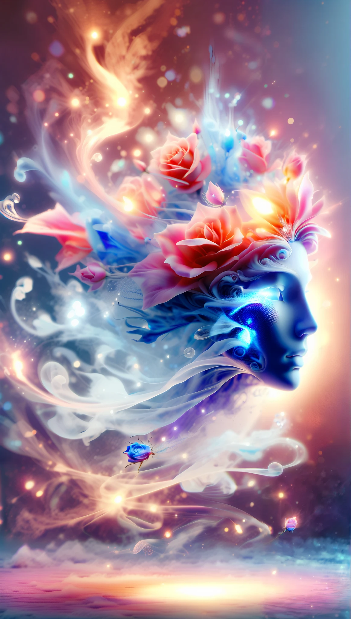 Created by AIS-RCN , 8k photo , "words, Like a glass-coated, a brilliant blue flame rose, he jumps out of the light, Turn your thoughts into subtle works of art.", flexible, side light,