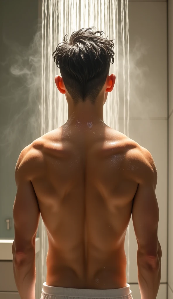 ((Best Quality, 8K, Masterpiece: 1.3)), Full Color Photos, Men, Double Eyes, (Detail Eyes), Gentle Face, Refreshing, Cinema Lighting, Soft Light, One, Super Masculine, Beautiful Boy, Korean Star, KPOP Idol, Brown Hair, Fashionable Boxer Shorts, Design Color, Standing, Reinforced Body, Necklace, Luxury Hotel, Luxury Hotel, , Shower Room, Shower, Wet, Splash, Hair wet, dynamic pose, (shot from behind)