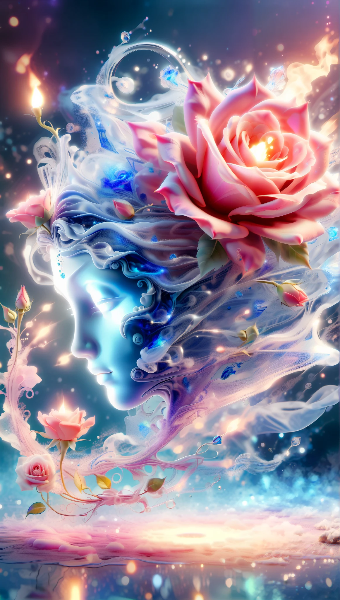 Created by AIS-RCN , 8k photo , "words, Like a glass-coated, a brilliant blue flame rose, he jumps out of the light, Turn your thoughts into subtle works of art.", flexible, side light,