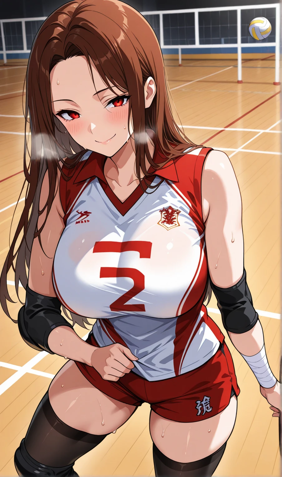 Kyoto Animation,highest quality, (masterpiece:1.2), very detailed, 1 girl, alone, Sento Isuzu,brown hair, long hair, antenna hair, ponytail, brown eyes, clavicle,volleyball wear,Volleyball Form,gym, stylish pose,looking at the viewer,in the center of the image, (beautiful_big breasts:1.3), (beautiful_face:1.4),(slim_waist),(beautiful_thighs:1.2),