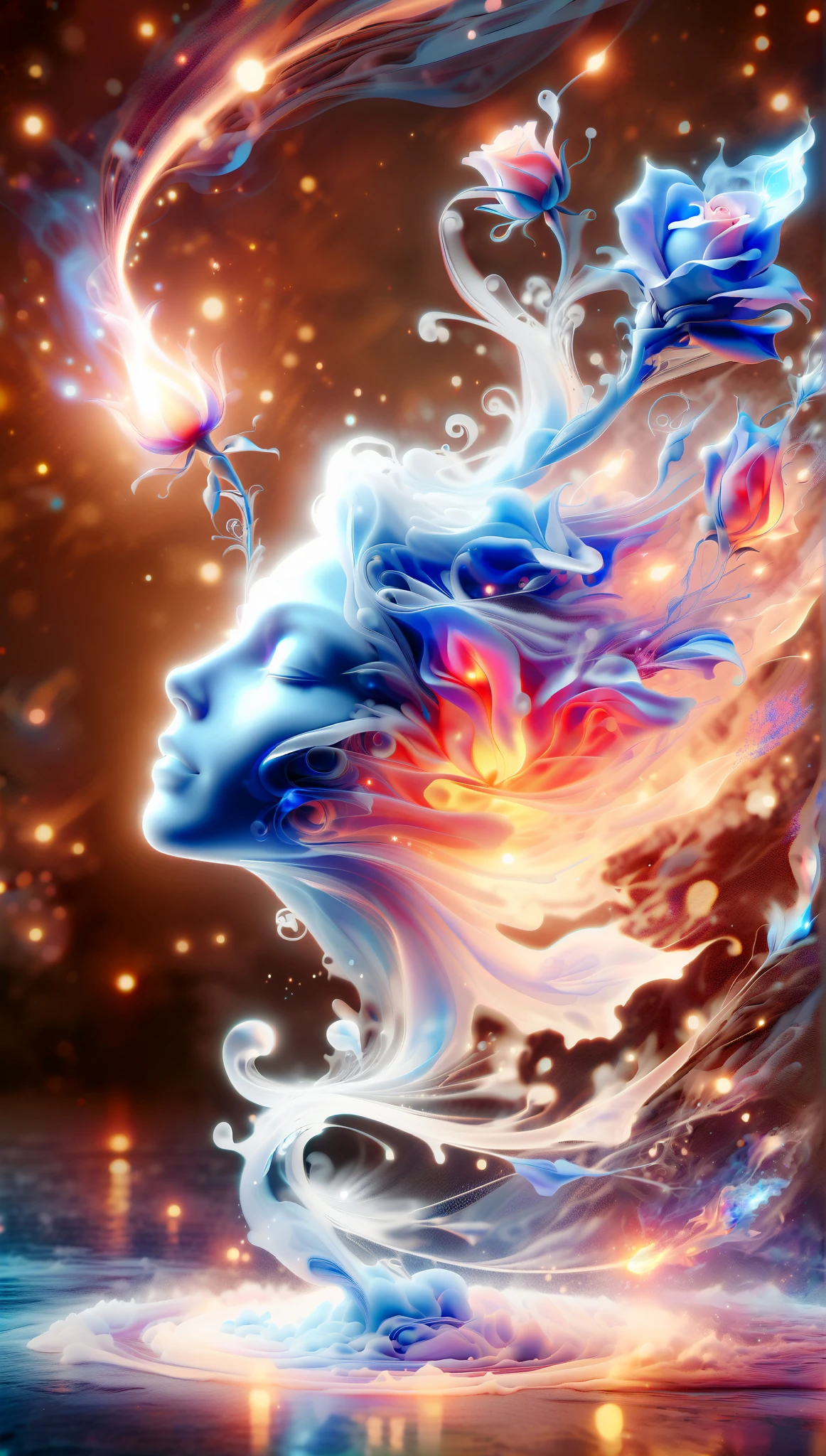 Created by AIS-RCN , 8k photo , "words, Like a glass-coated, a brilliant blue flame rose, he jumps out of the light, Turn your thoughts into subtle works of art.", flexible, side light,