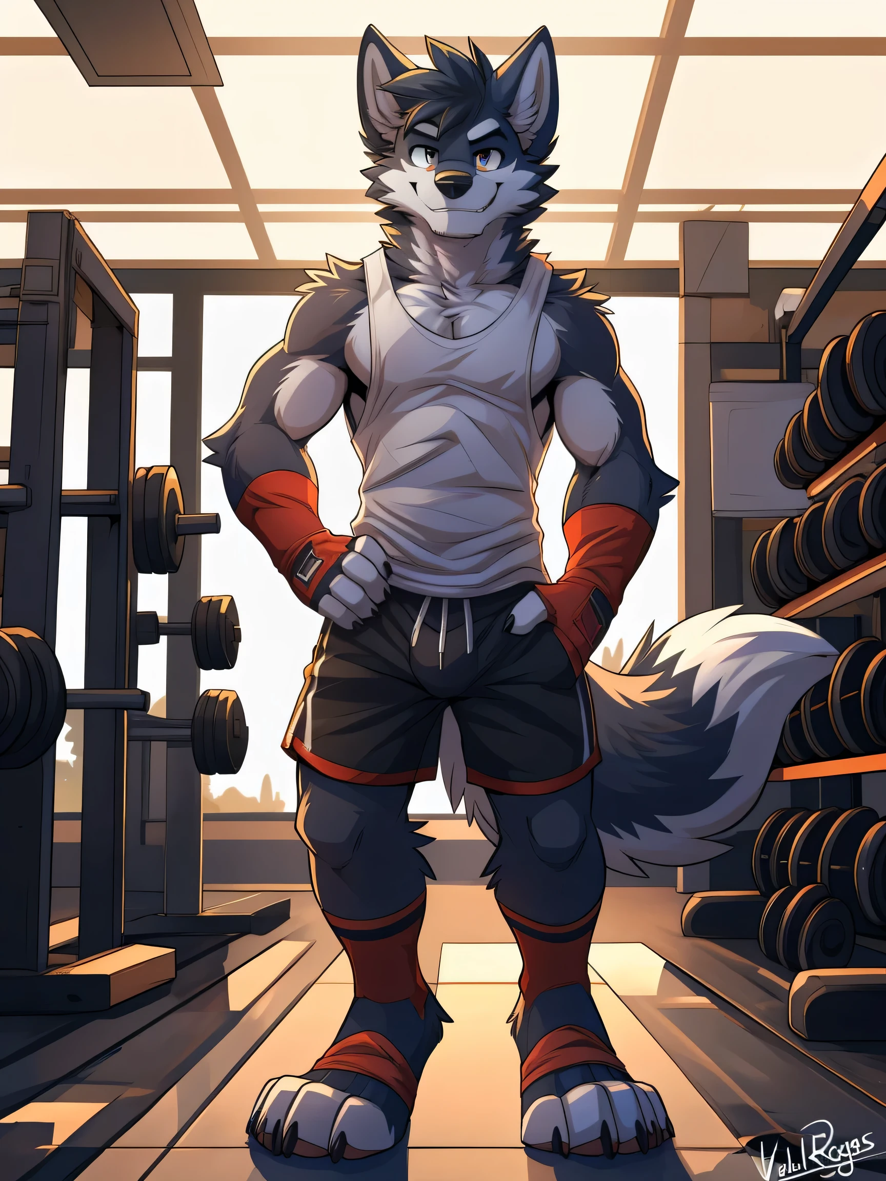 anthro, canid, canis, canine, mammal, husky, nordic sled dog, splitz, standing, college gym, ((tank top, shorts, toeless gloves, toeless socks, armbands)), gym, bulge, smile, male, athletic, solo, tuft, 5 fingers, 4 toes, toe claws, looking at viewer, black fur, black body, white fur, white body, hi res, by pache riggs, by takemoto arashi, by vallhund, anime, anime style, digital flat colors, sharp shadows, shaded, male focus, extreme detailed illustration, good anatomy, perfect anatomy, detailed RPG CG, masterpiece, best quality, detailed background,