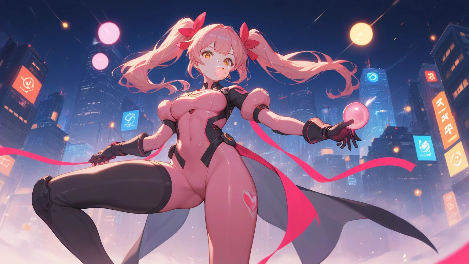 Playful Trickster Giantess ((mischievous and alluring)), every movement is a playful tease of her immense power, (masterpiece, high-energy detail), eyes glinting with playful mischief, lips parted in a cheeky grin, (1 giantess, solo, tall, slender yet curvy, radiating flirtatious energy), short, bouncy pink hair reflecting the light, (tight, skin-hugging bodysuit showing off her playful yet seductive figure), standing amidst a chaotic city scene, (perspective from below, as if caught up in one of her playful antics), lively and playful, (one hand holding a massive playing card, the other waving playfully at her tiny onlookers), exuding an aura of fun and irresistible charm, (bright city streets filled with neon lights and chaos beneath her), Background: A vibrant urban playground, where fun and sensuality blend in a display of overwhelming energy. (Inspired by Zero Two from Darling in the Franxx)