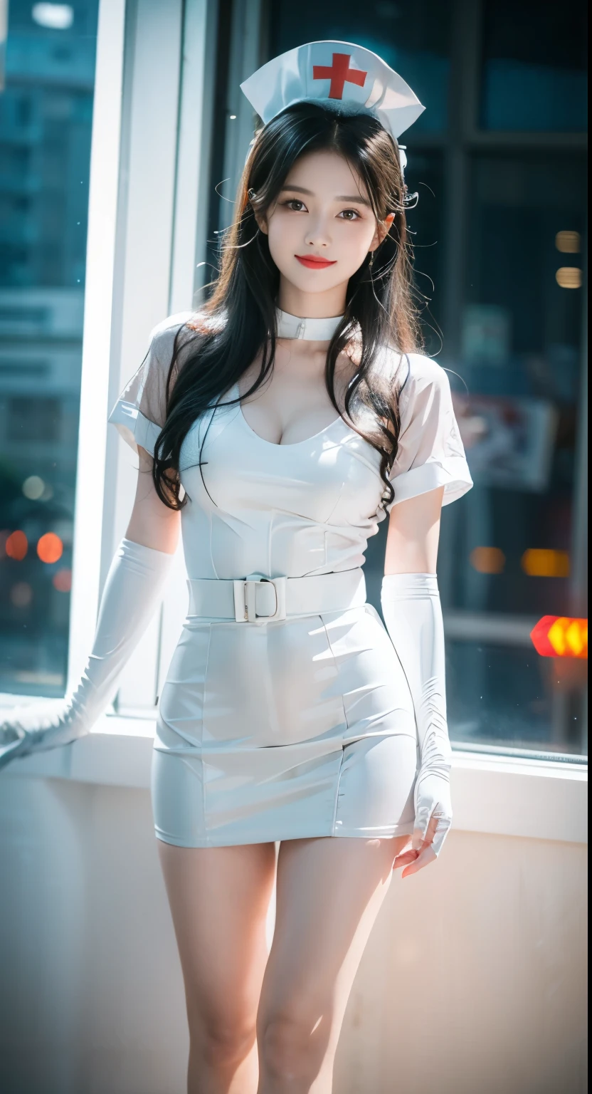 Nguyen Yi 0124, choker, ID card, Thong, Transparent, Nurse, Nurse cap, White, Garter, White连衣裙, Elbow gloves ((plump )), ((Chest Window, You can see )), (( Show off your sexy legs )), ((hit in the knee)), ((standing, Elegant posture )), ((slim figure,Very thin)), 1 Girl, solo, Cute girl, Red makeup , Costume makeup , beauty, practical, Fashion Girl, red lips, Mature Female, exquisite makeup, big eyes, beauty的, (best quality, masterpiece:1.2), extremely detailed, (practical:1.37), (([Random Scenes, random shooting angles)), ((Sexy long legs)), Young and energetic, Charming Model, (delicate eyes between eyes, Delicate lips), shows a bright smile , creates stunning images of girls, warm color , Extremely Saturated , official art, extremely detailed的 CG, Unity 8k Wallpaper, (high dynamic range :1.4), (cinematic atmosphere),( soft colors), (Natural skin, ultra-practical, Soft Light, Sharp),(Very detailed), night, moonlight