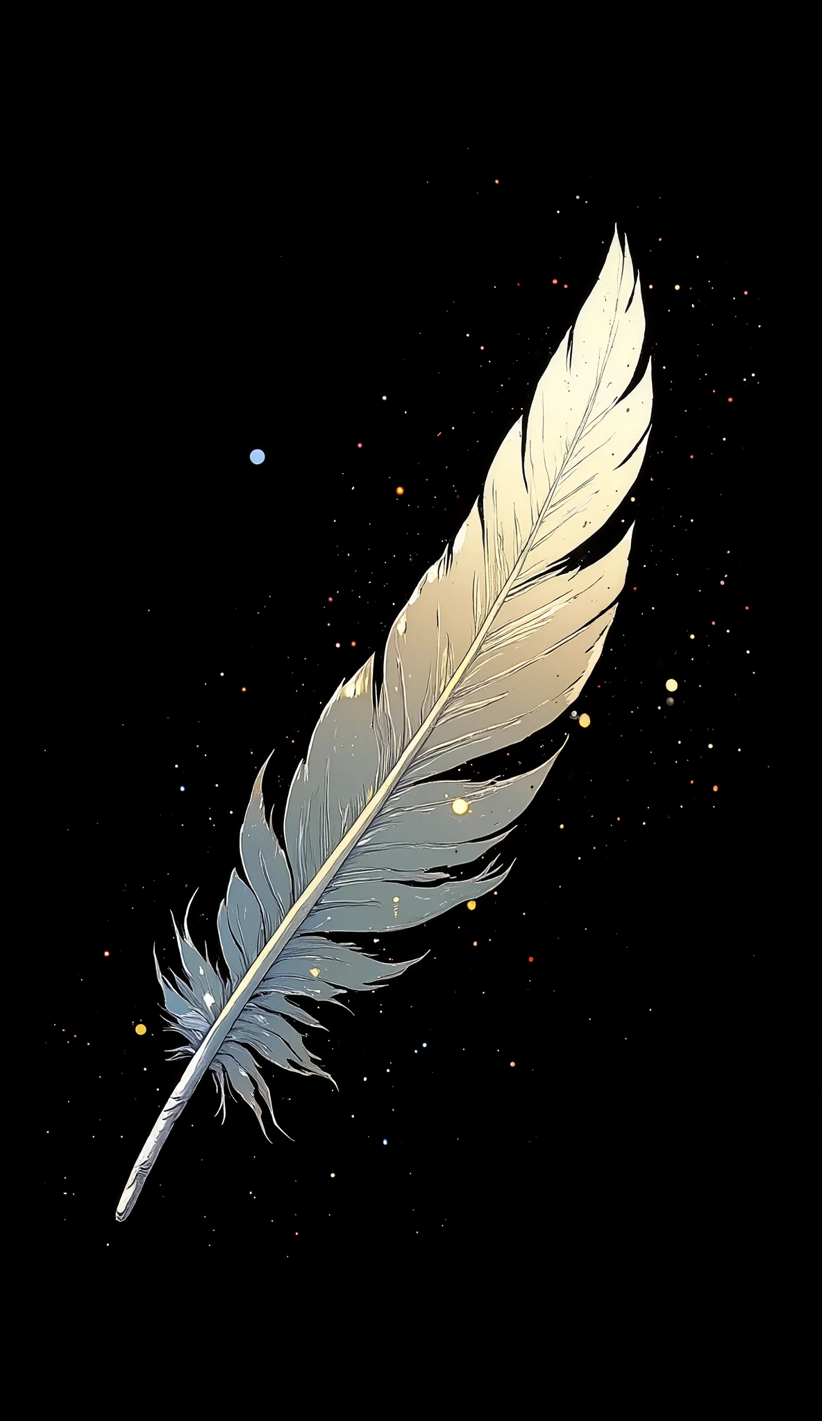 A delicate, platinum-colored feather floating in a black void, with ultra-fine details catching the soft glow of an unseen light source. Tiny, almost imperceptible particles drift around it, creating a serene, dreamlike effect.