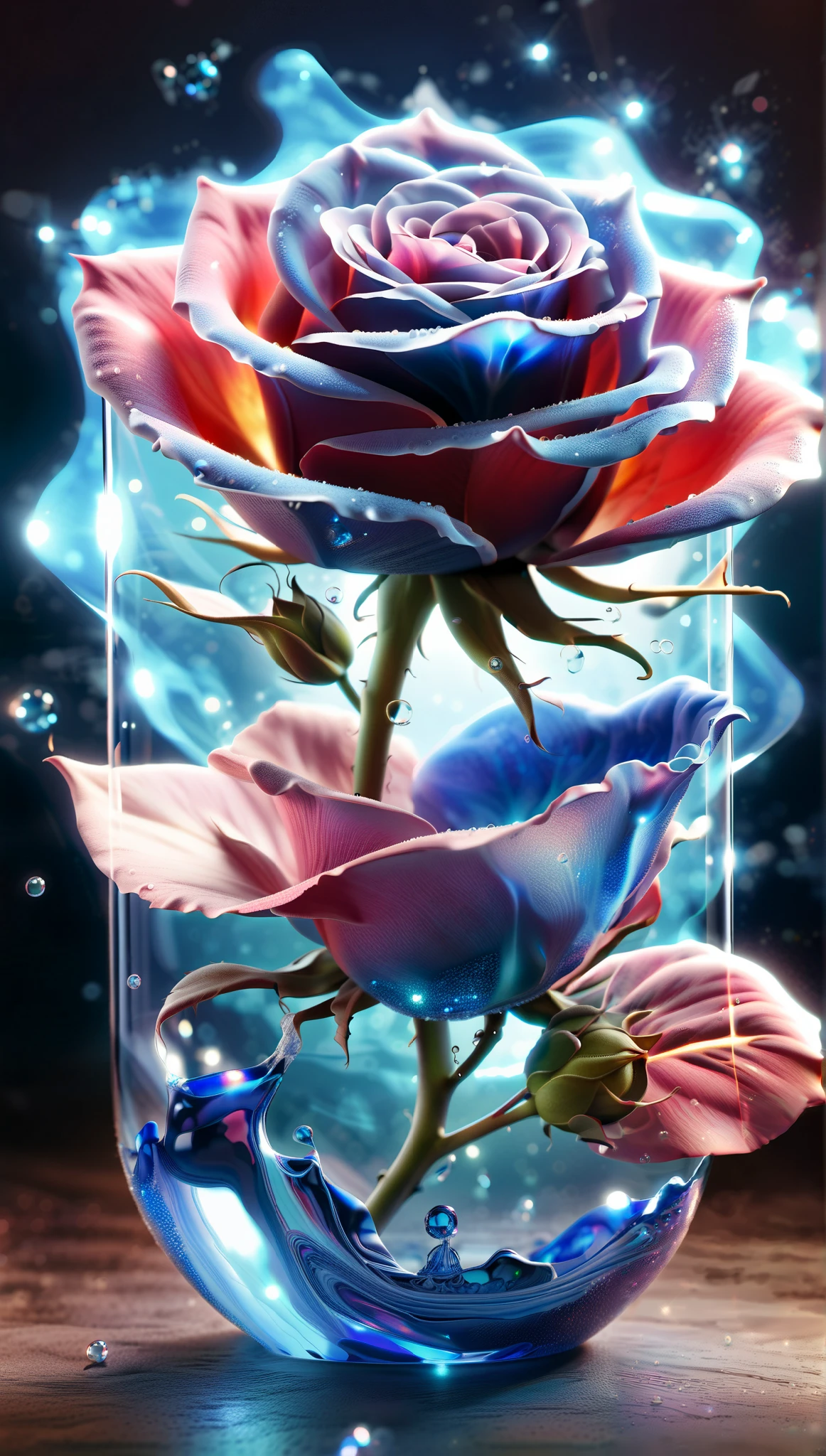 Created by AIS-RCN , 8k photo , "words, Like a glass-coated, shiny blue big flame rose, he jumps out of the light, Turn your thoughts into subtle works of art.", flexible, side light,