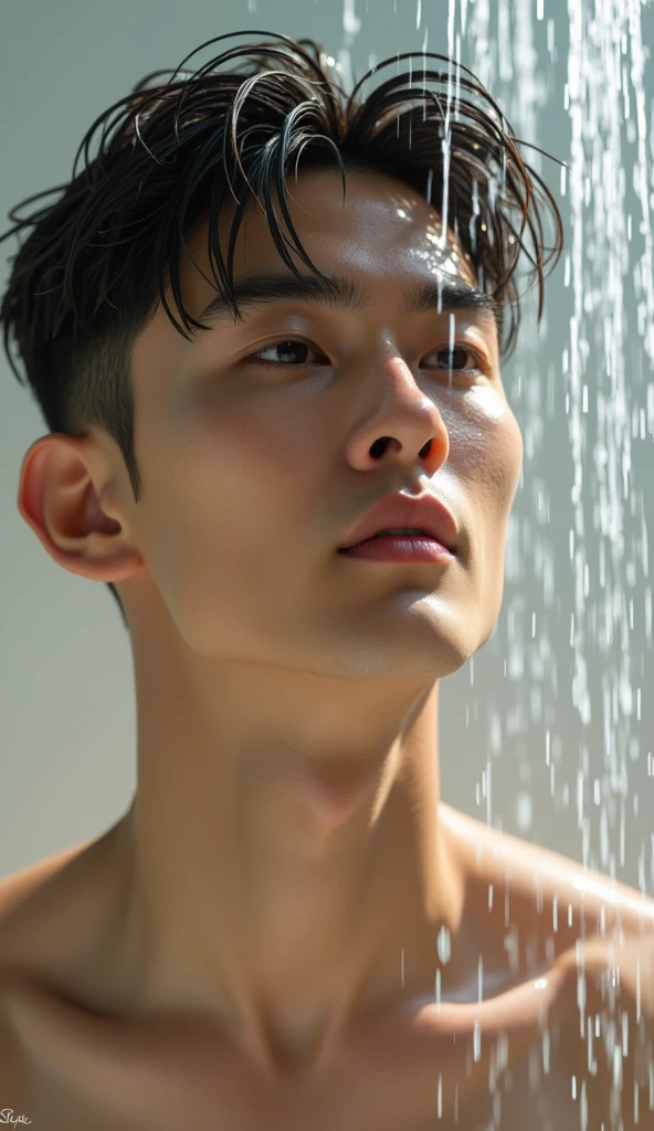 a close up of a Taiwanese man in a shower, asian male, under a shower, wet hairy bodies, water dripping off him, twink, damien tran, prefect body, beautiful handsome body, full body shot close up, sexy masculine, clean shaved, hairy body, smooth waxy skin, wet body, full body close-up shot