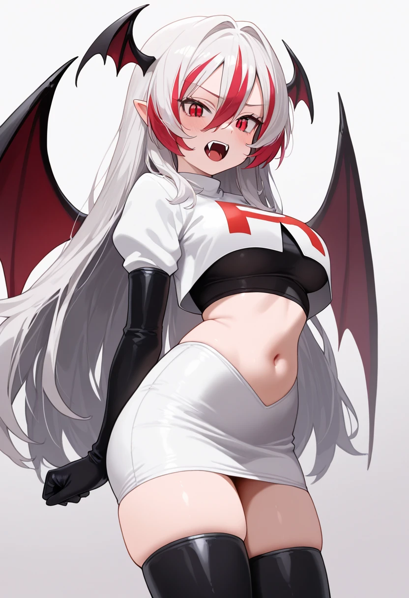 Default, RegensburgOutfit, 1girl, solo, wings, looking at viewer, blush, bangs, parted lips, demon wings, team rocket,team rocket uniform,white skirt,red letter R,crop top,black thigh-highs,black elbow gloves