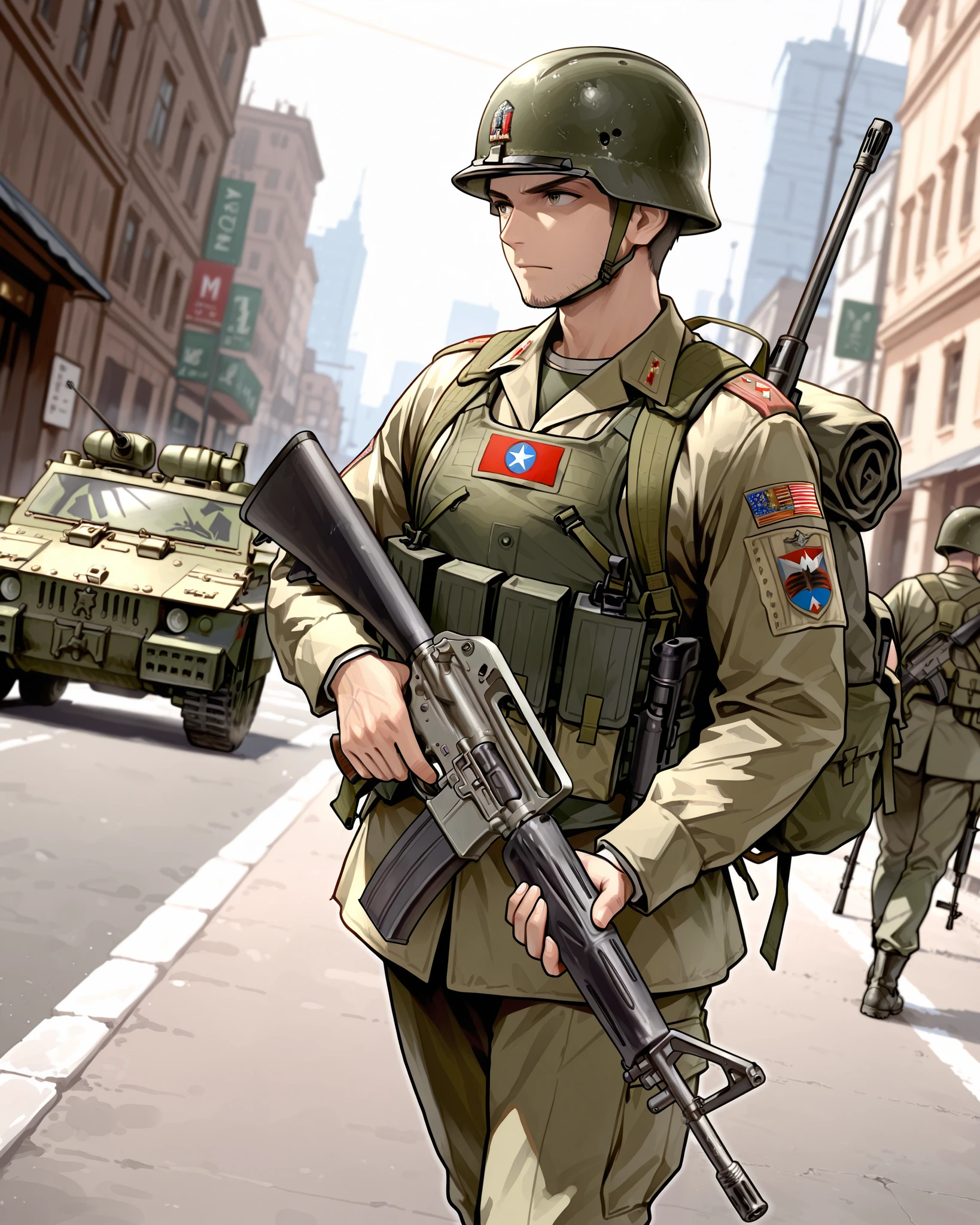 masterpiece, absurdres, highres, newest, solo, solo focus, (1boy, adult male, male focus, 1.4), US soldier, green uniform, helmet, tactical gear, (holding m16 rifle, m16a2, perfection, perfect gun, very detailed weapon, 1.2), looking away, backpack, (modern US army tank at the background:1.2), random American city, street, outdoors, depth of field, dutch angle