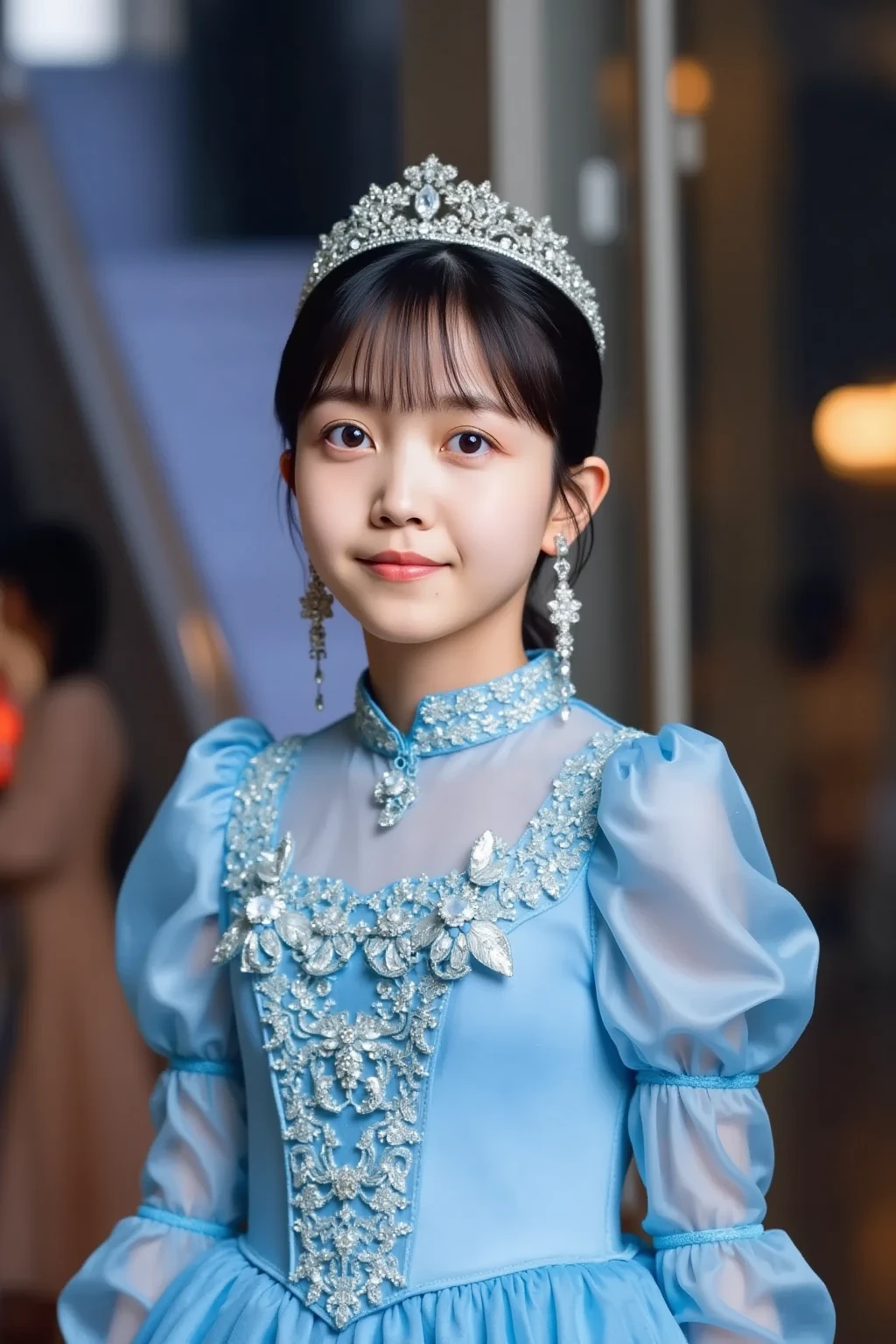 arafed girl in a blue dress making a gesture with her hands, jaeyeon nam, light blue dress portrait, kawaii playful pose of a dancer, in a blue qipao, portrait of fairy princess, taken with canon eos 5 d, young asian girl, lovely languid princess, palace ， a girl in hanfu, taken with canon eos 5 d mark iv