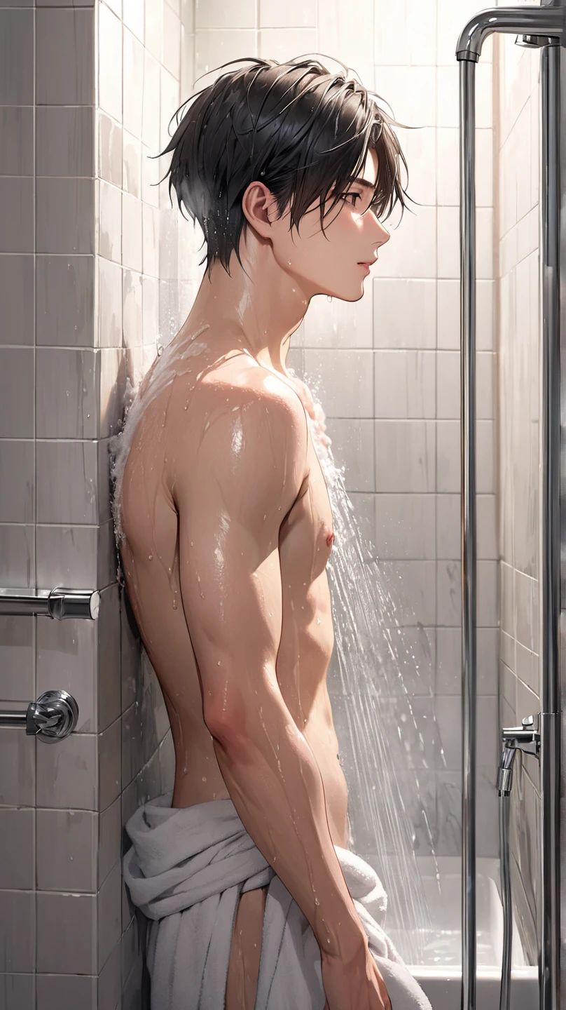 (tmasterpiece,Best quality at best,absurd res),1 person,naked boy, 20 year old, swimming underwater, skinny dipping, loses swim trunks, short spiked reddish-brown hair, toned body, embarrassed pose(fluorescent light),(a color),((abstract backgrounds))