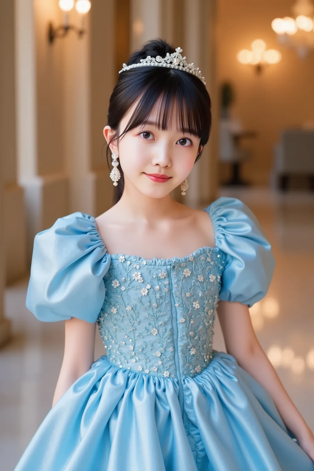 (top-quality、masterpiece:1.2)、Best Quality、realisitic、photoshot、hight resolution、1080p、8K、Textured skin、Physical Rendering、1 Japan Girls、a junior high school student、kawaii、Young Face、Rolled hair、(princess dress:1.5)、in a castle、up of face、full of shyness、smil、Big