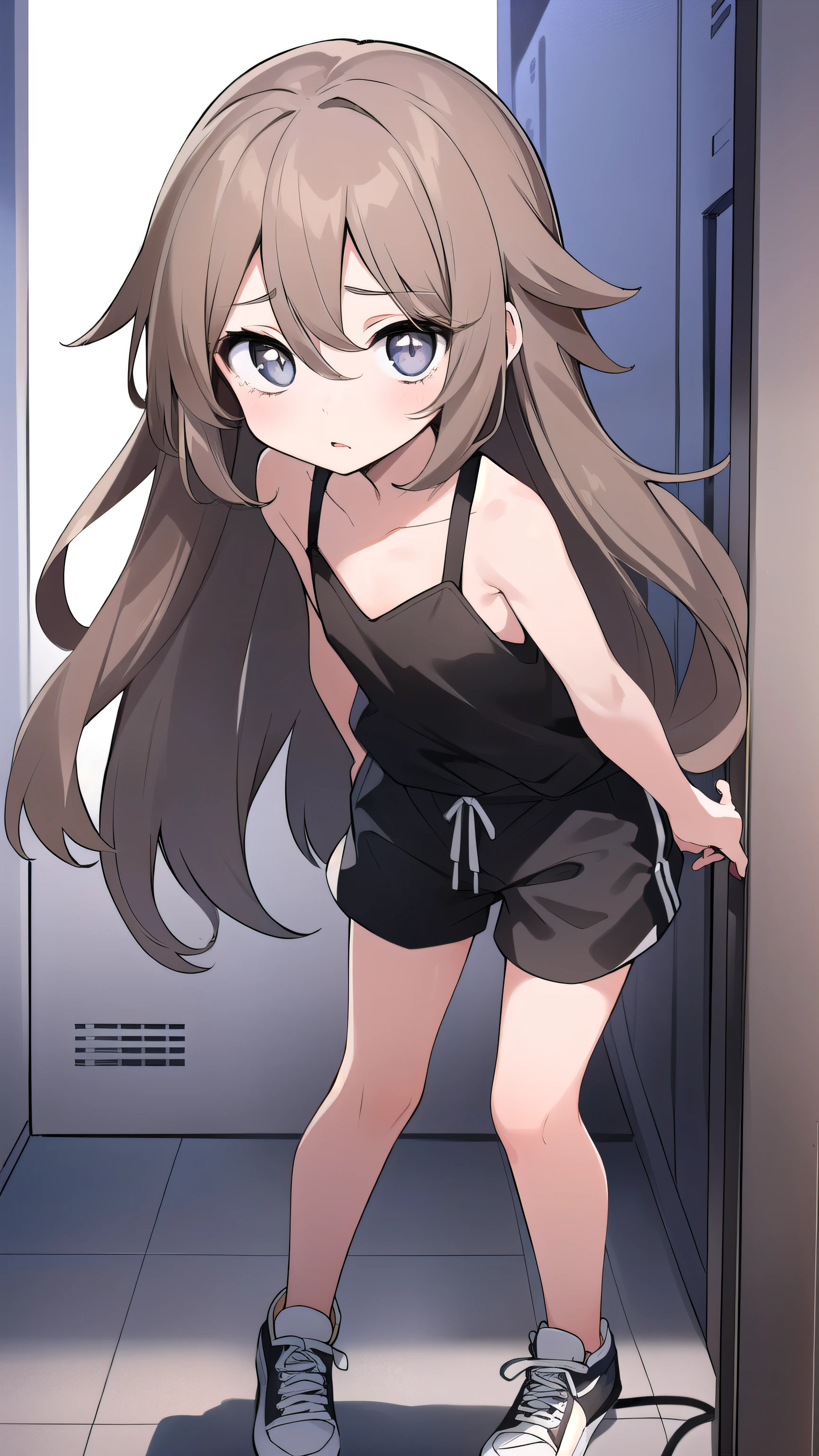Girl, (light brown hair:1.5), (gray eyes:1.1), (big eyes: 1.1), (sagging eyes: 1.5), (very long hair:1.1), hair between eyes,, black tank top, black shorts, white sneakers, (flat chest), (straight hair), very short, only , , 11 years old, ,, (short height:1.3), young face , sleepy face, smooth straight hair, locker room,
