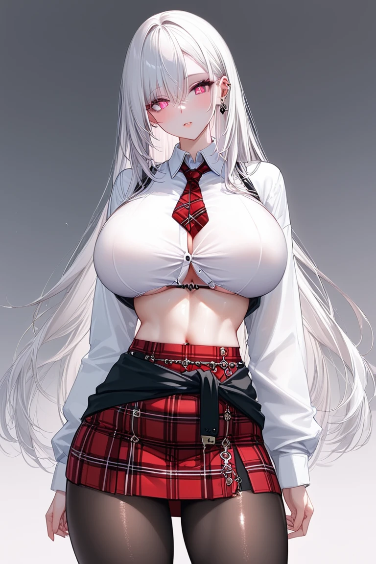 absurd, 8K, high resolution, Ultra-detailliert, beautiful, Meisterwerk, best quality, very pretty woman, sexy Studentin, roter BH, Schuluniform, Faltenrock, white wet blouse, Detailliertes weibliches Gesicht, Sehr attraktiv, (very large breasts:1.4) , lang, glattes Haar, White hair, Haare hochgesteckt