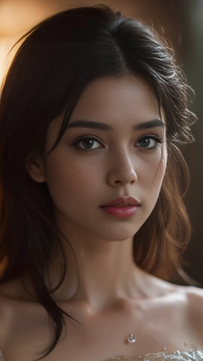 Gorgeus Girl, Beautiful, Baby Face, 20 Years Old, (nude) White Skin, Beside, Sexy Pose, beautiful body (nude), Blue Eye, Muscles, red lipstick, lips glossy, wet glossy, Bokeh, Modern Place Background, Masterpiece, Fullbody Shot