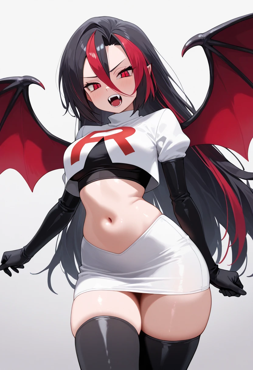 Default, RegensburgOutfit, 1girl, solo, wings, looking at viewer, blush, bangs, parted lips, demon wings, team rocket,team rocket uniform,white skirt,red letter R,crop top,black thigh-highs,black elbow gloves