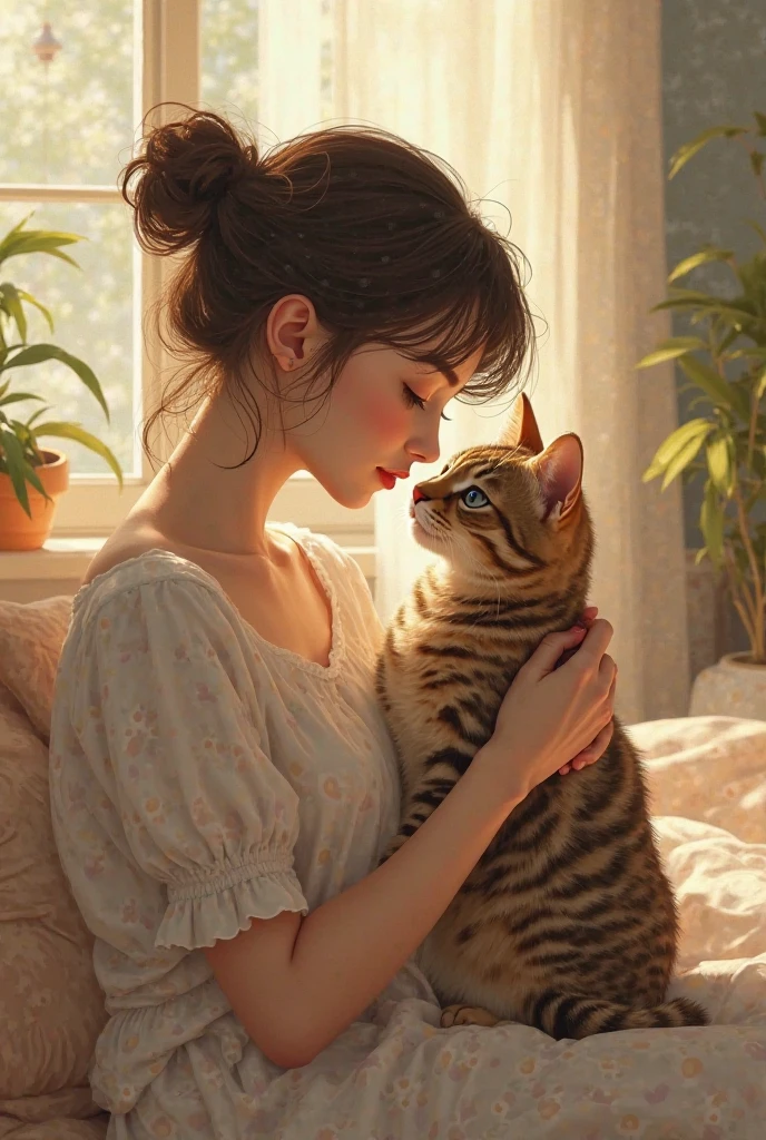 Girl with short hair photo from bottom to top of how she caresses a cat from behind and shows her butt a little