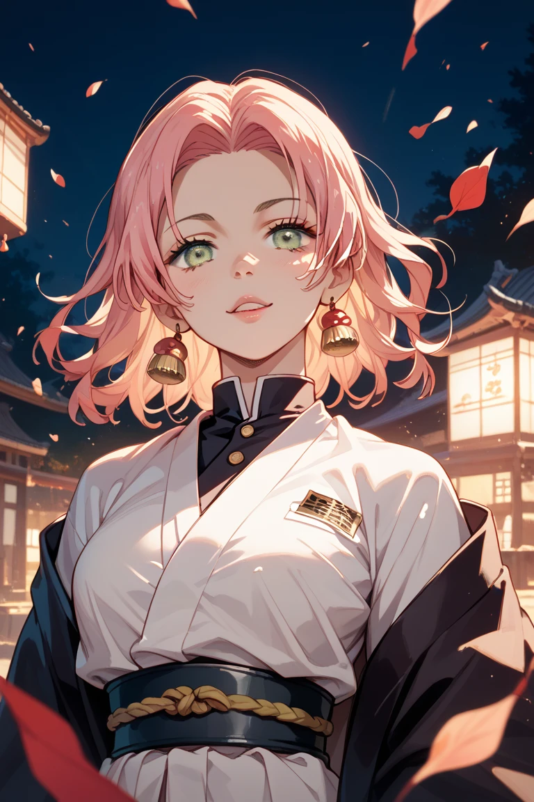 (masterpiece, high quality, 4k:1.4), 1girl, solo, pink hair, brown eyes, double-parted bangs, long hair, ( female, mature mole under eye, choker, earrings, fashionable, black sleeveless top, short beige skirt, white jacket, autumn, orange and red leaves, streetlight, night sky, moonlight, close up