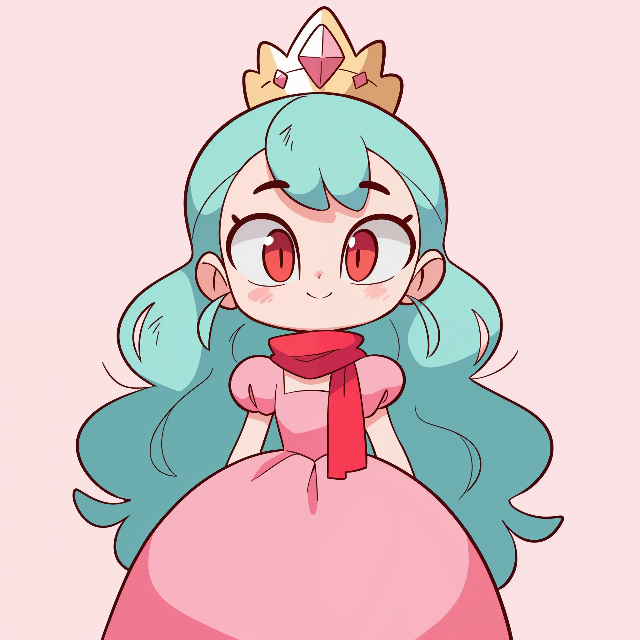 1girl, , solo, very long turquoise hair, red eyes, red scarf, pink princess dress, blushed, smile, cute, standing, looking at viewer, simple background, from the front view, diives