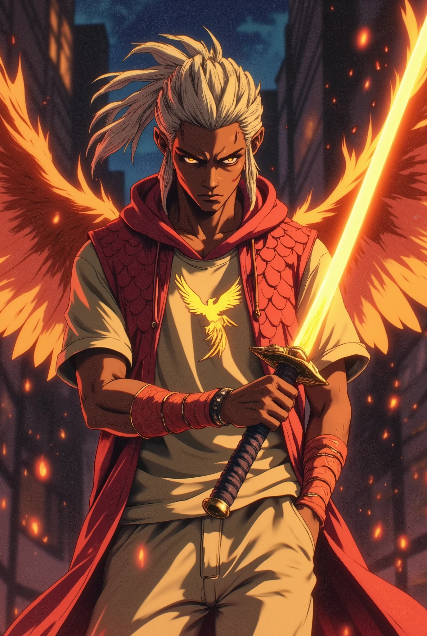 FinalFantasy/League of legends anime style. Young African man in a Bright burning gold form. Red Scale Hoodie with a Phoenix on it. Beige Short sleeve shirt. Burning Full White cornrows into a long ponytail going down his back. Sketchbook in his arms, and hands in his pockets. City the night life. Glowing Fiery Phoenix Sigil on the Right arm. Wears black Prayer beads. Gold Eyes. Chinese Straight Sword. Fight stance. Phoenix wings, Phoenix Soul-like power, Fire, Light.High Resolution, Accurate, Masterpiece, Anatomically Correct, Best Quality, HD, High Quality, Depth Of Field, Motion Lines, , Anime, Anime Style, Anime Style,